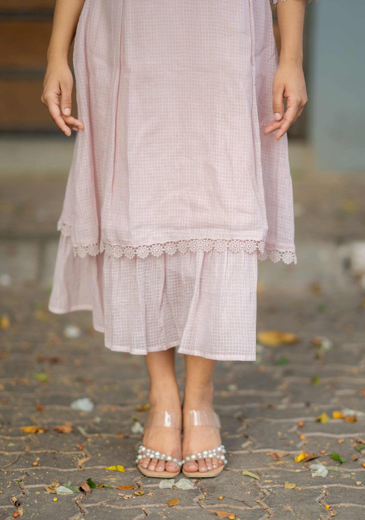 Pastel pink shaded soft kota checks kurti/dress with floral thread worked yoke MBS-532