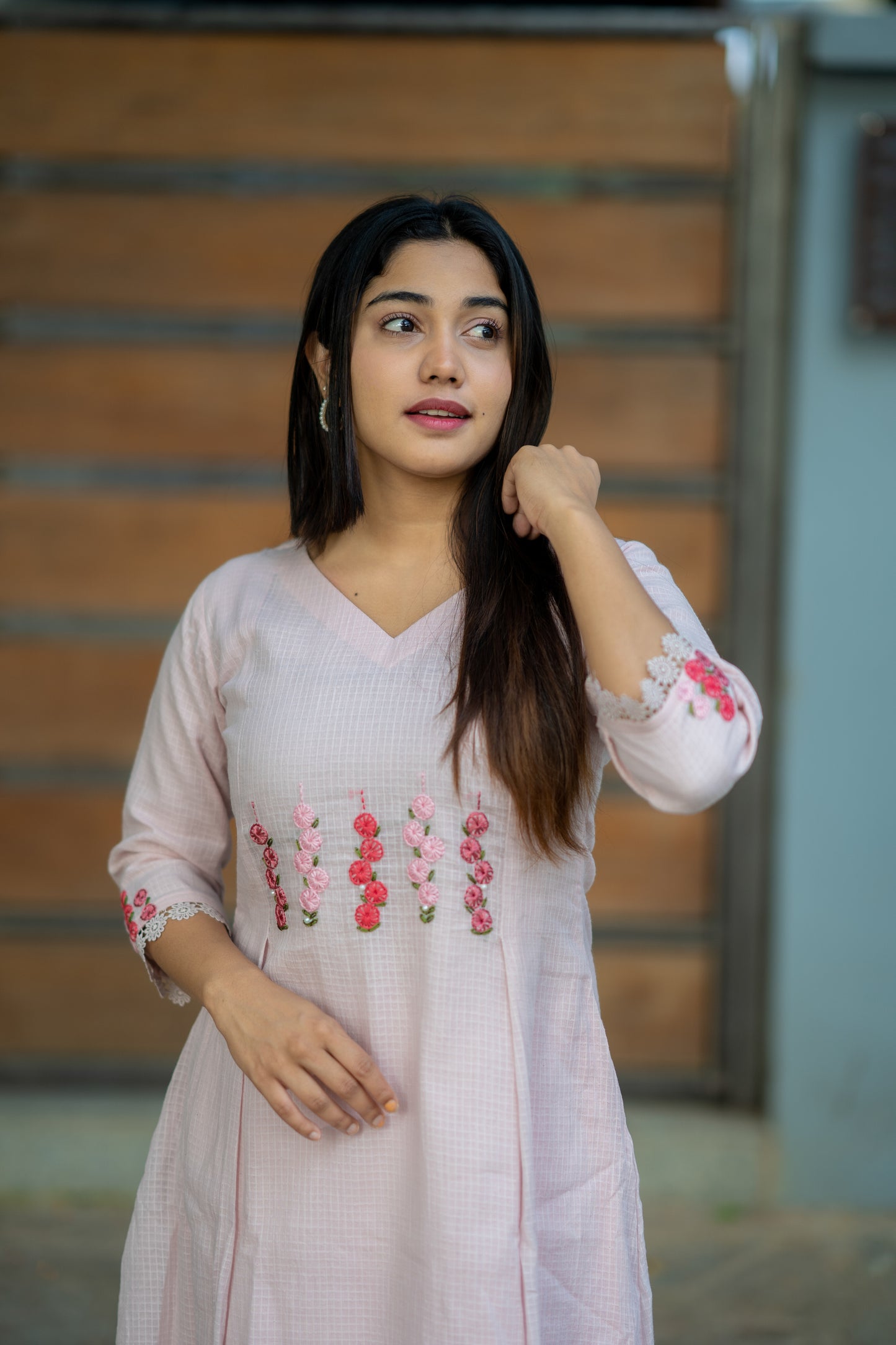 Pastel pink shaded soft kota checks kurti/dress with floral thread worked yoke MBS-532