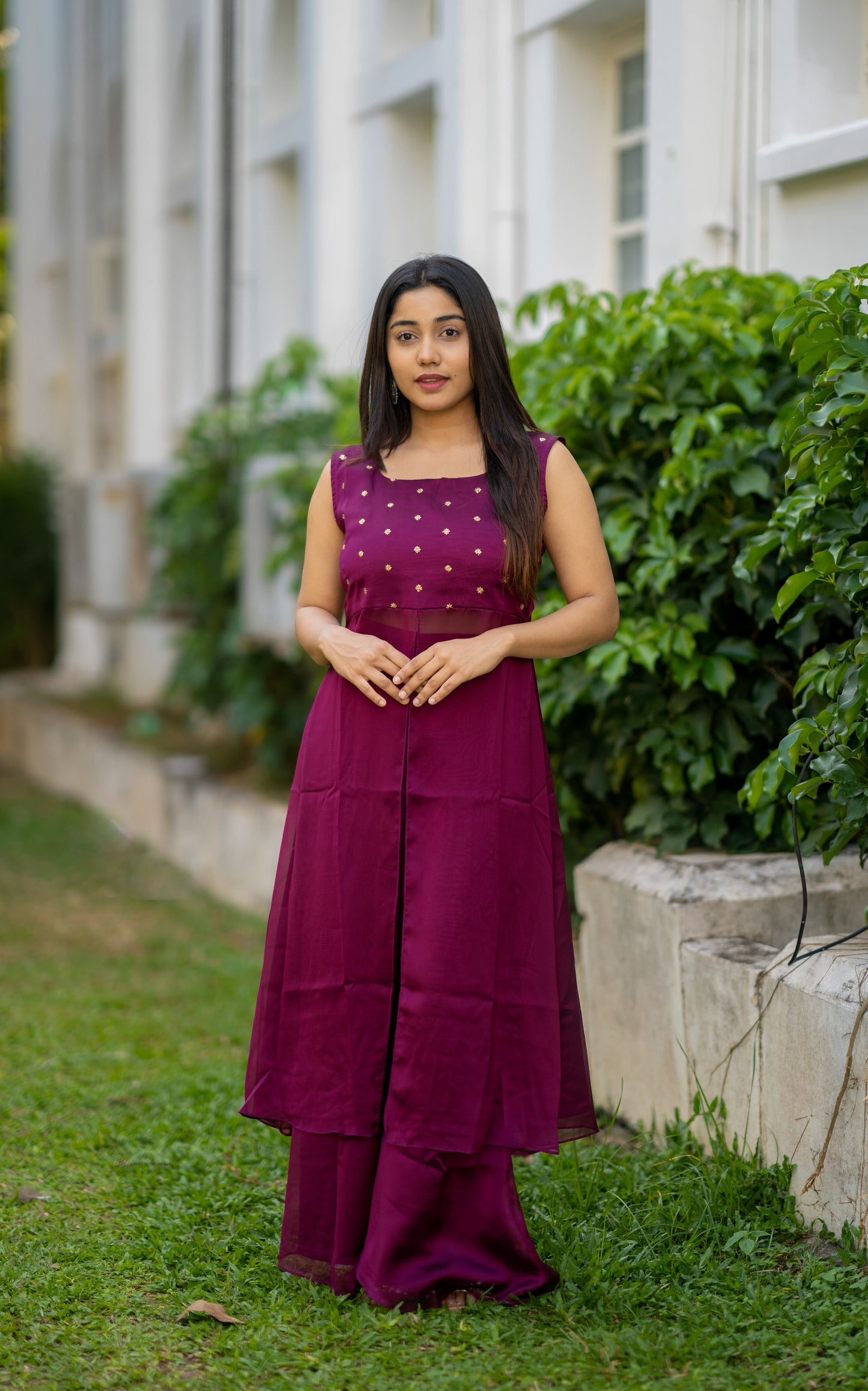 Dark amaranth shaded blooming georgette sequins worked kurti with flaired palazzo MBS-534