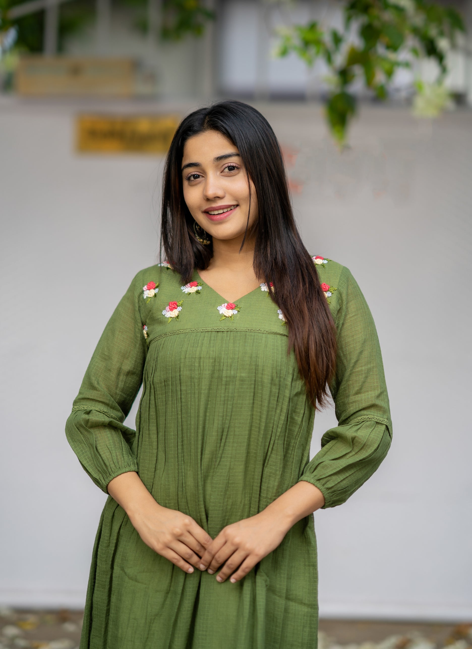 Green gram shaded soft kota kurti/dress with thread embroidered yoke M MyBudgetStore.in Green gram shaded soft kota kurti/dress with thread embroidered yoke M MyBudgetStore.in