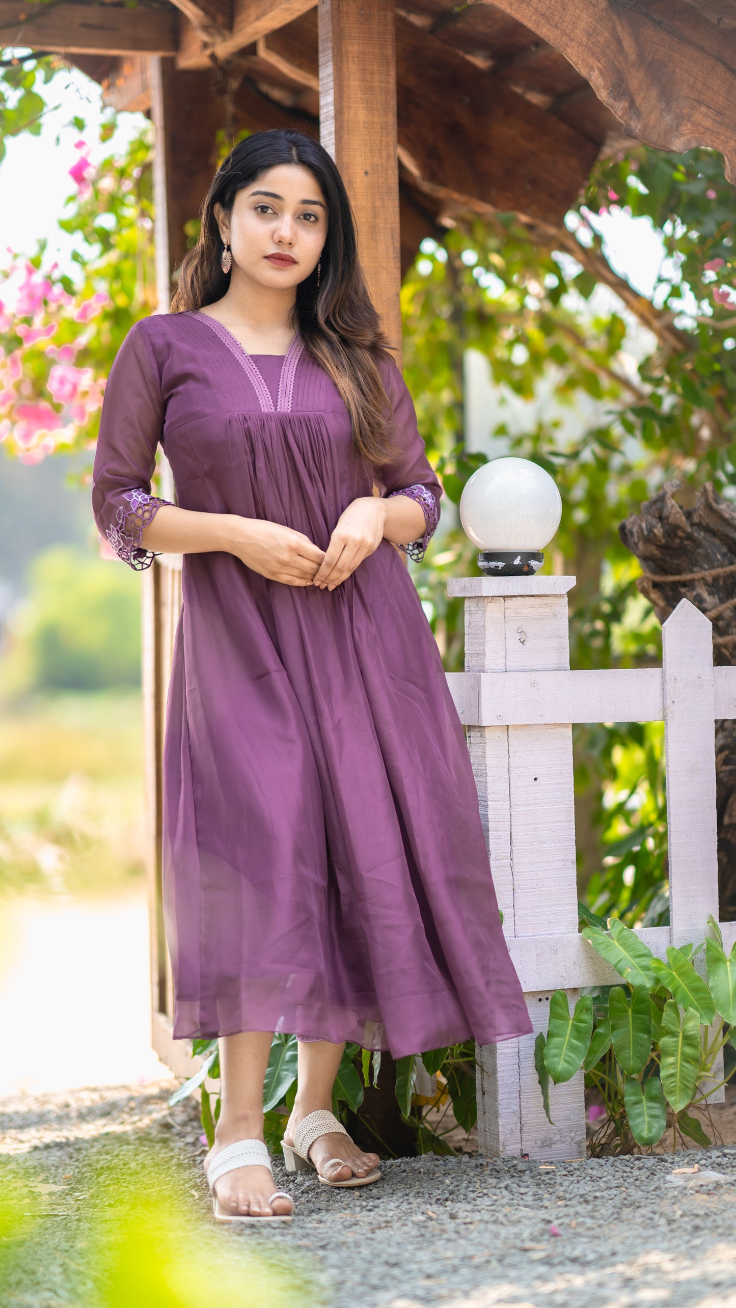 Dark mauve shaded soft organza A-line kurti with cut worked sleeves MBS-352