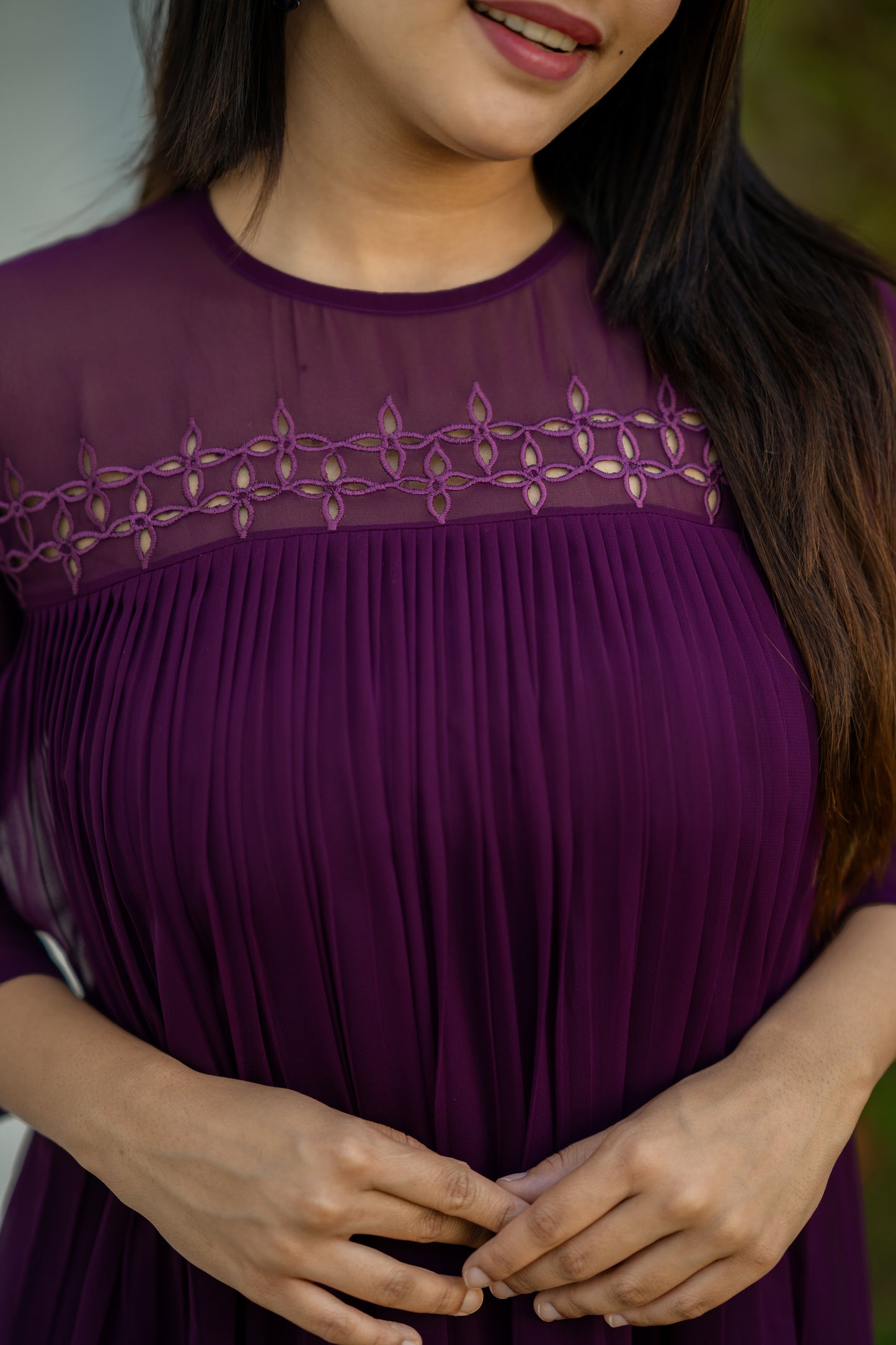 Dark grape shaded georgette kurti with cutworked yoke and gathers MBS-550