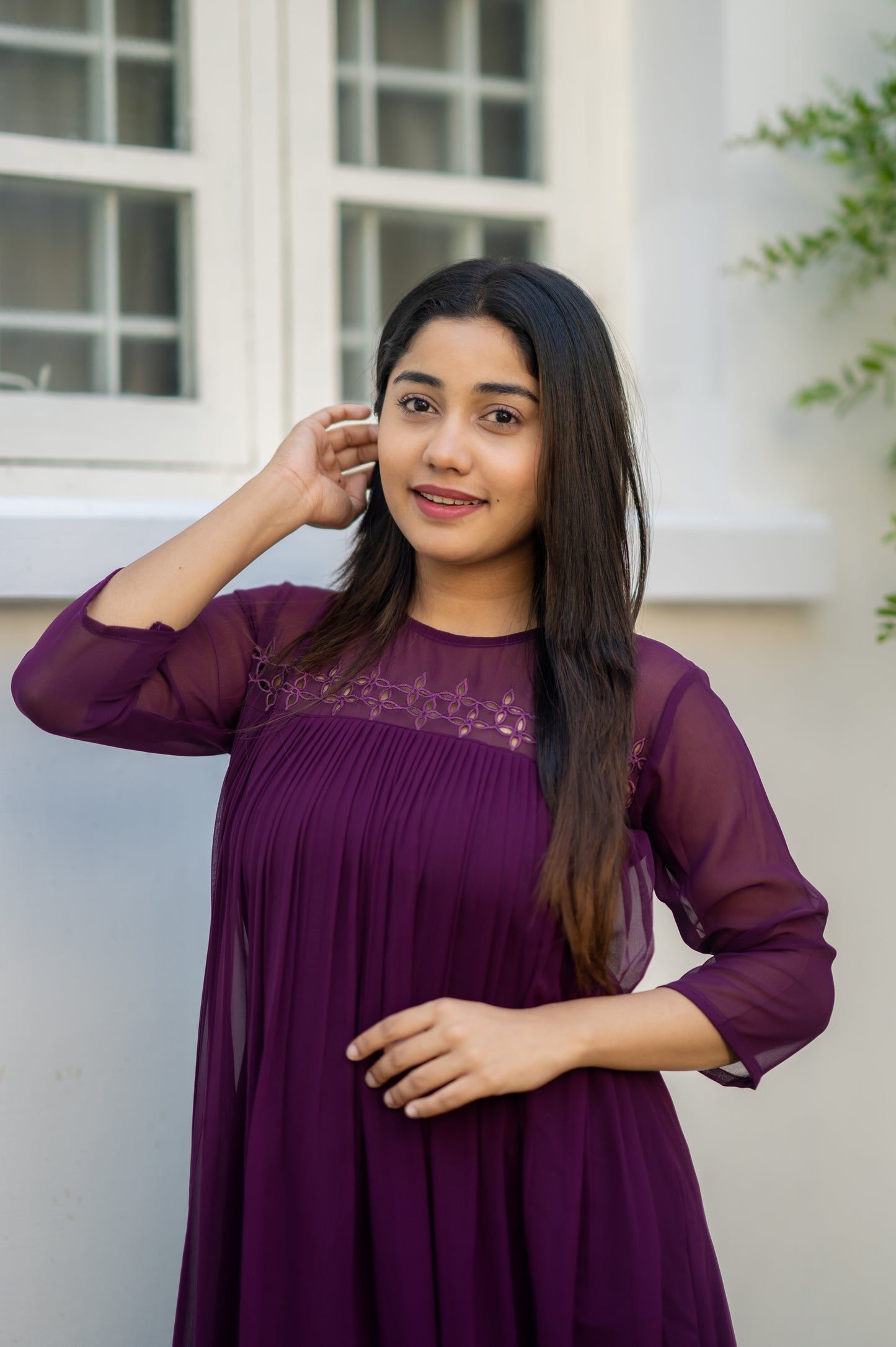 Dark grape shaded georgette kurti with cutworked yoke and gathers MBS-550