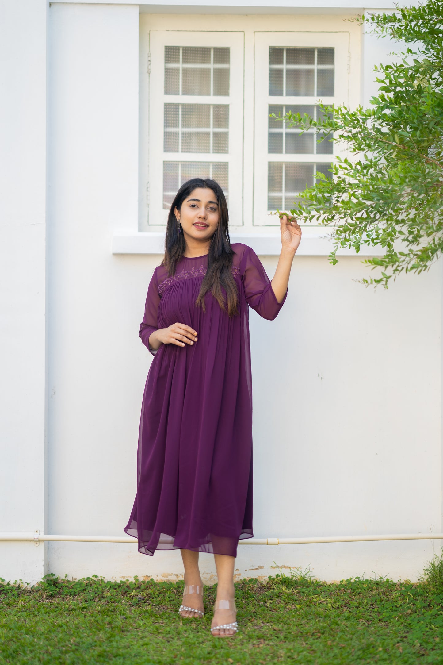 Dark grape shaded georgette kurti with cutworked yoke and gathers MBS-550