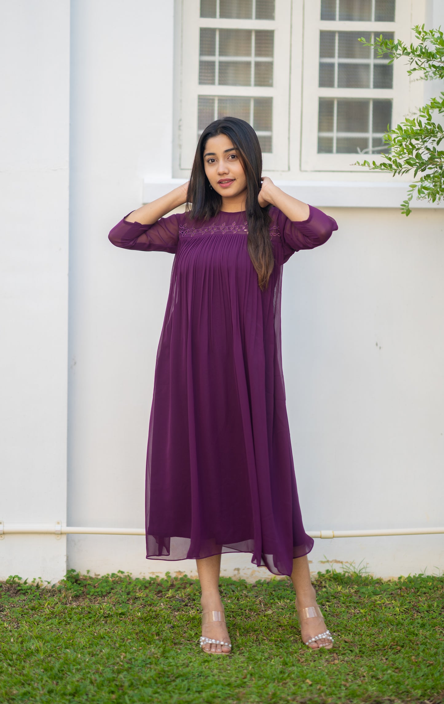 Dark grape shaded georgette kurti with cutworked yoke and gathers MBS-550