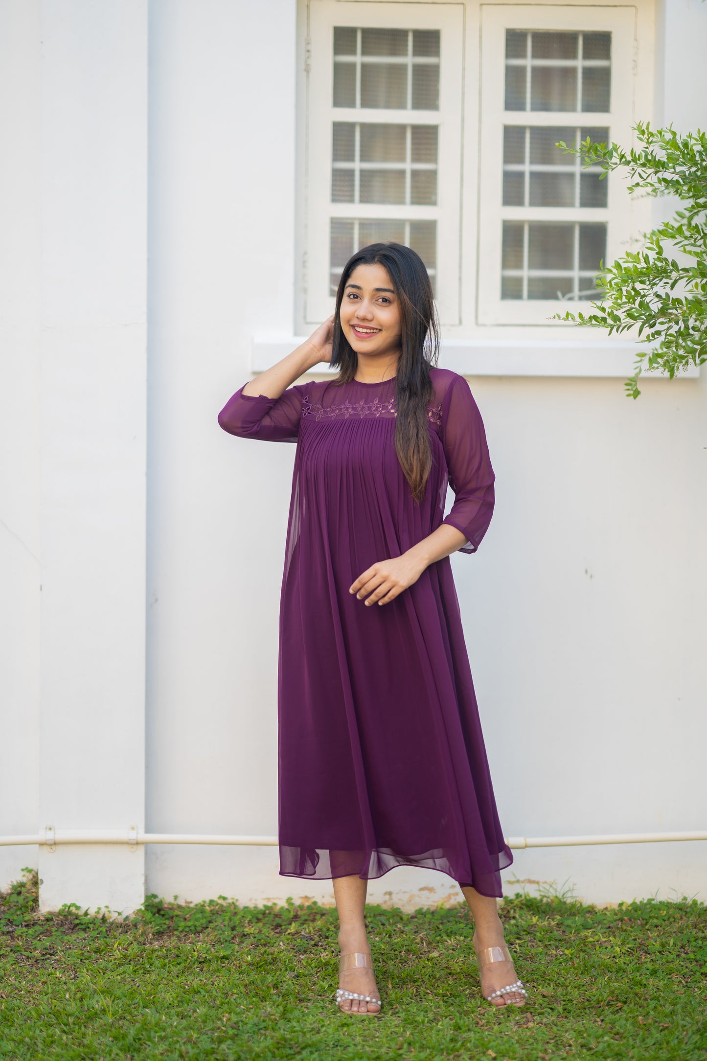 Dark grape shaded georgette kurti with cutworked yoke and gathers MBS-550