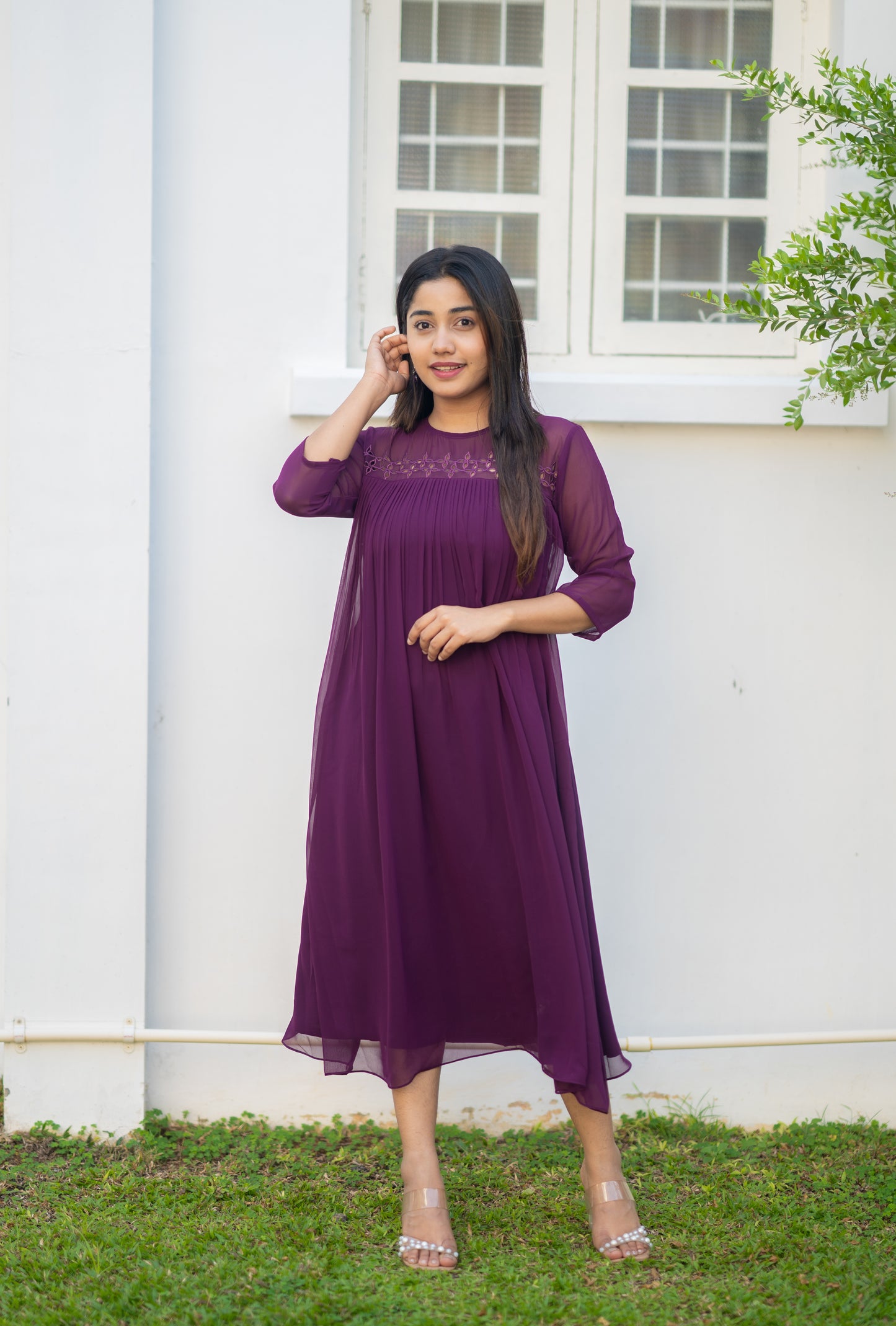 Dark grape shaded georgette kurti with cutworked yoke and gathers MBS-550