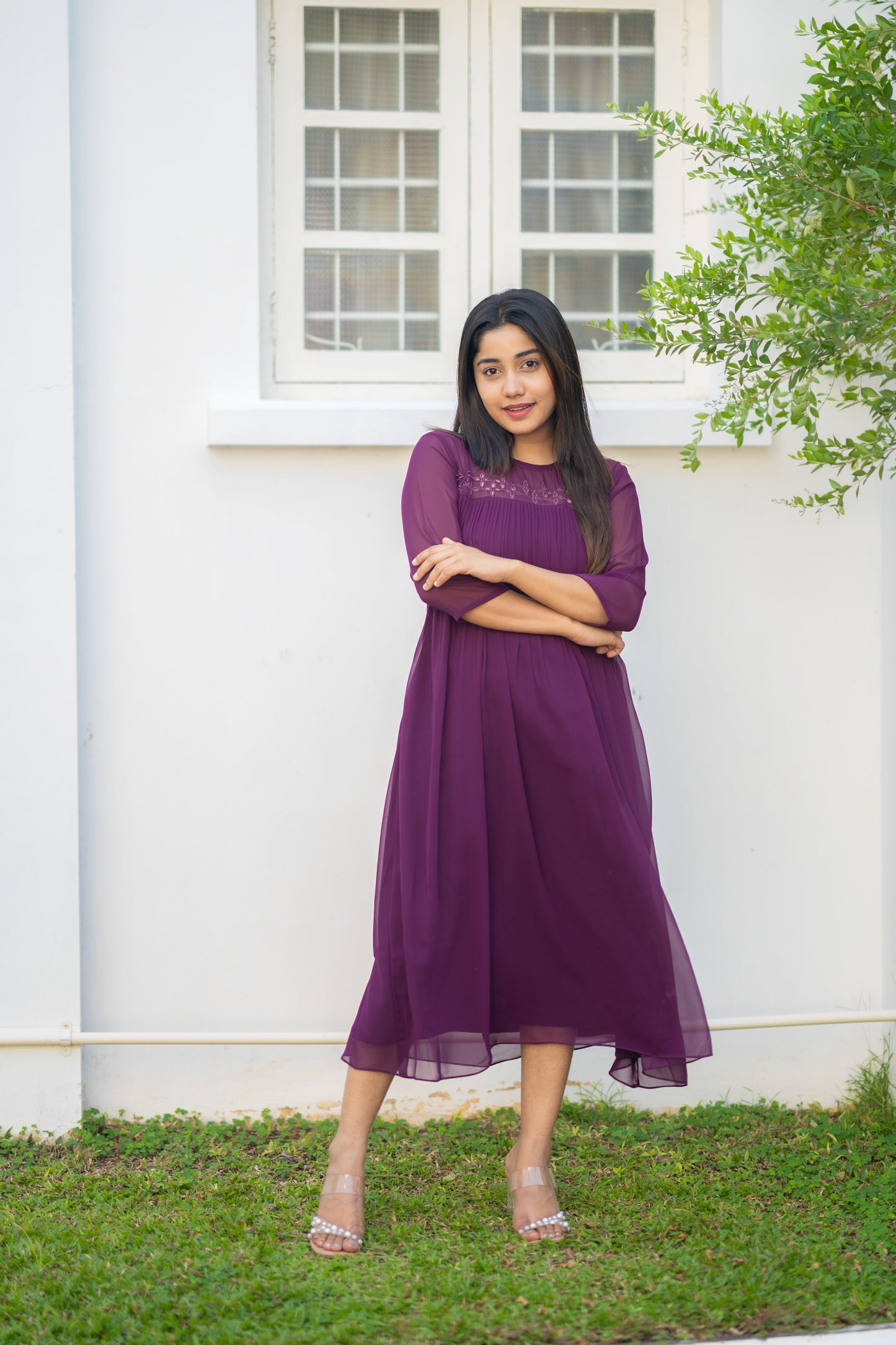 Dark grape shaded georgette kurti with cutworked yoke and gathers MBS-550