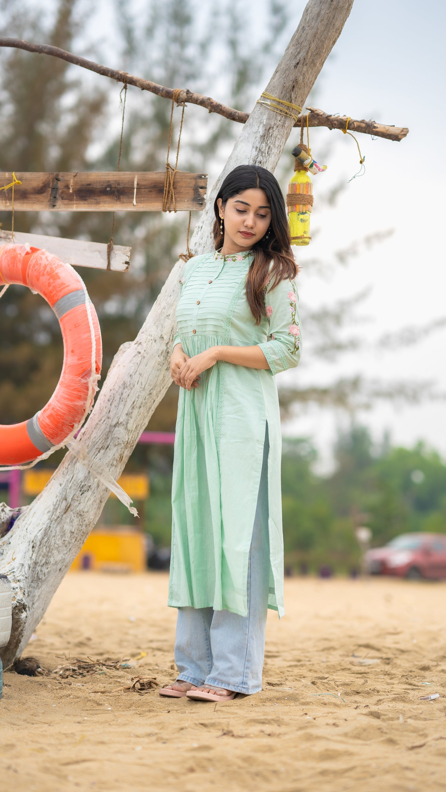 Pastel mint shaded pure mul cotton kurti with thread embroidery detailings MBS-354