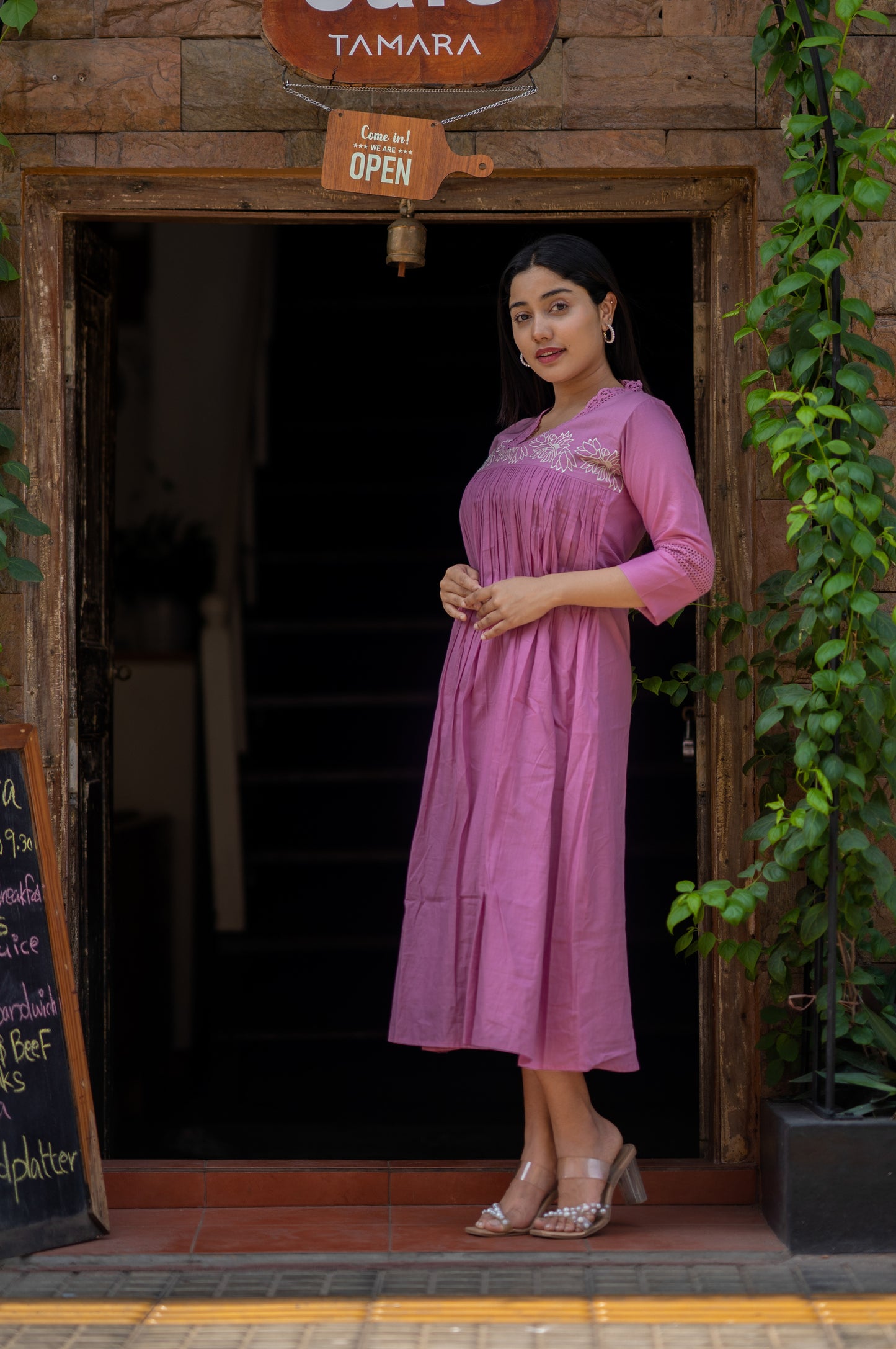 Pure mul cotton kurti/dress with crochet lace detailed neckline and thread embroidered yoke MBS-551