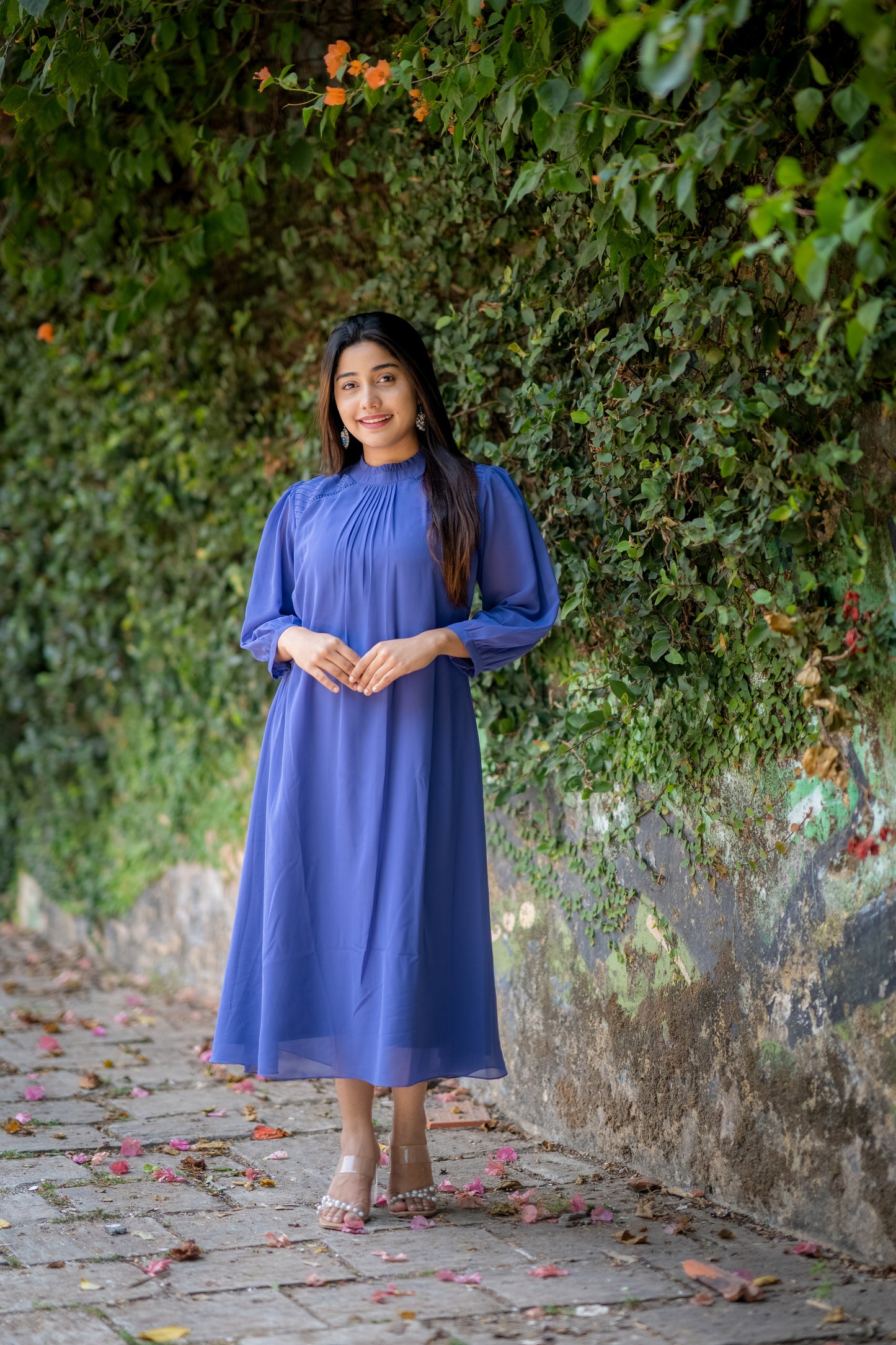 Dutch blue shaded georgette Aline kurti with frilled yoke and pintucked upper yoke MBS-557
