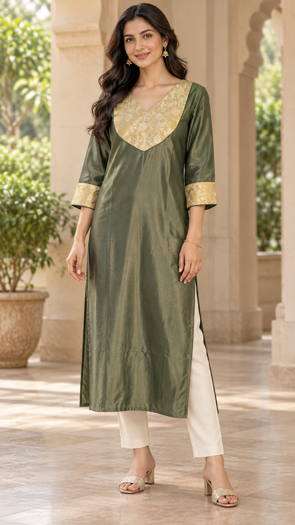 Green semi modal silk kurti with brocade patch MBS-1209 **Ready to dispatch** **last piece sale**