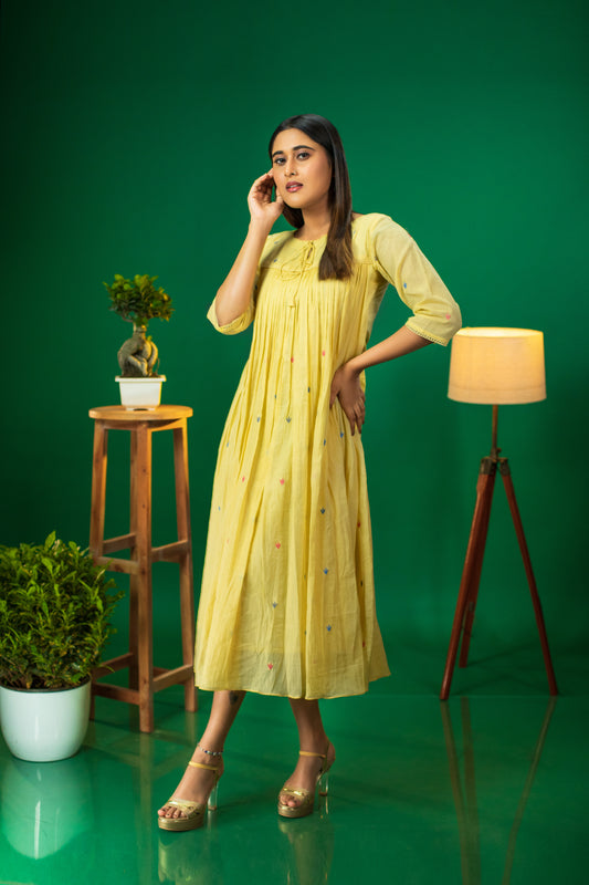 Yellow shaded pure soft mul cotton dress/kurti with multi colour thread embroidery and crochet lace detailings MBS-312 ***Ready to dispatch***