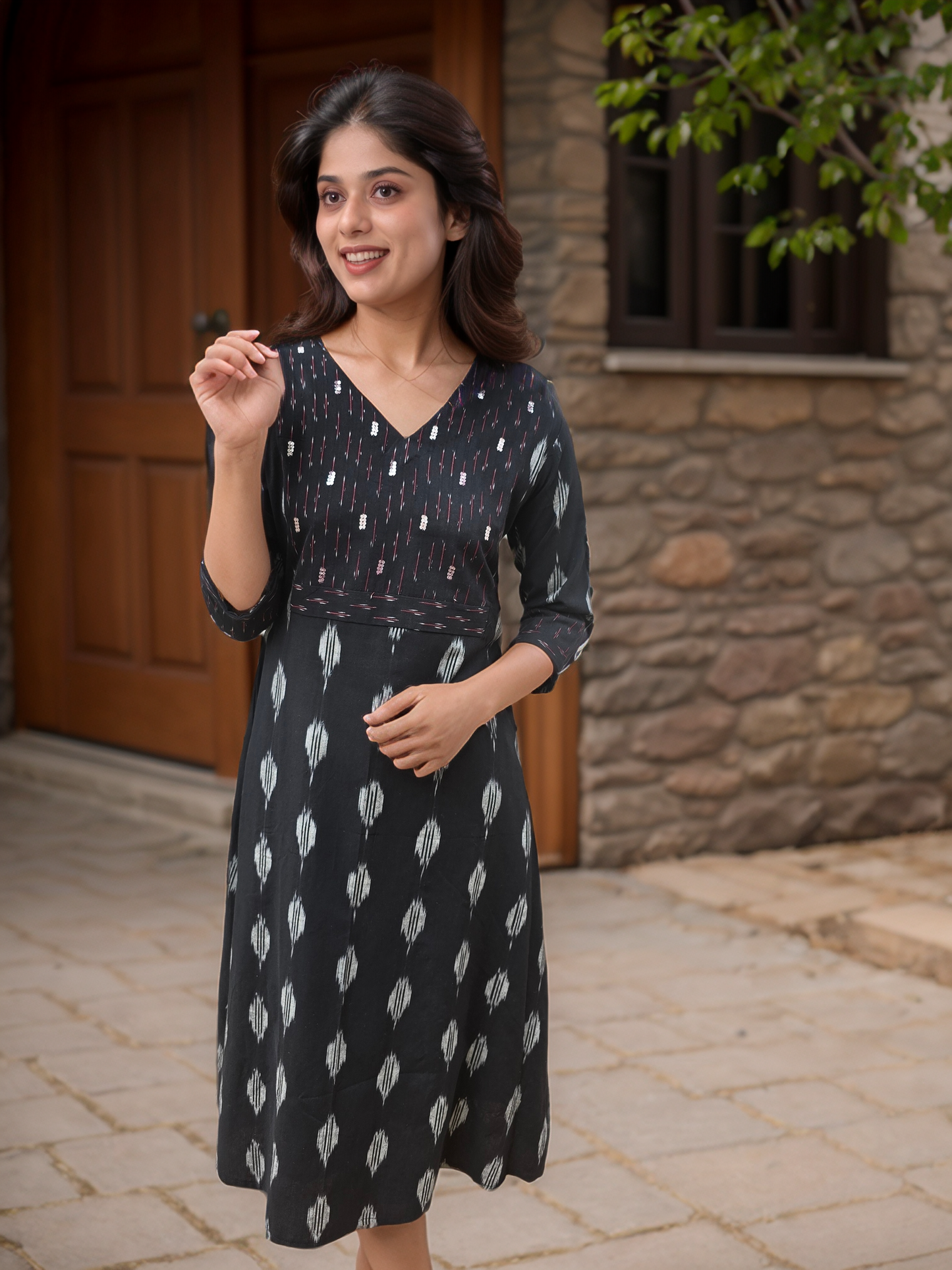 BLACK IKKAT COTTON KURTI/DRESS WITH HANDWORKED YOKE MBS-546 ***READY TO DISPATCH***