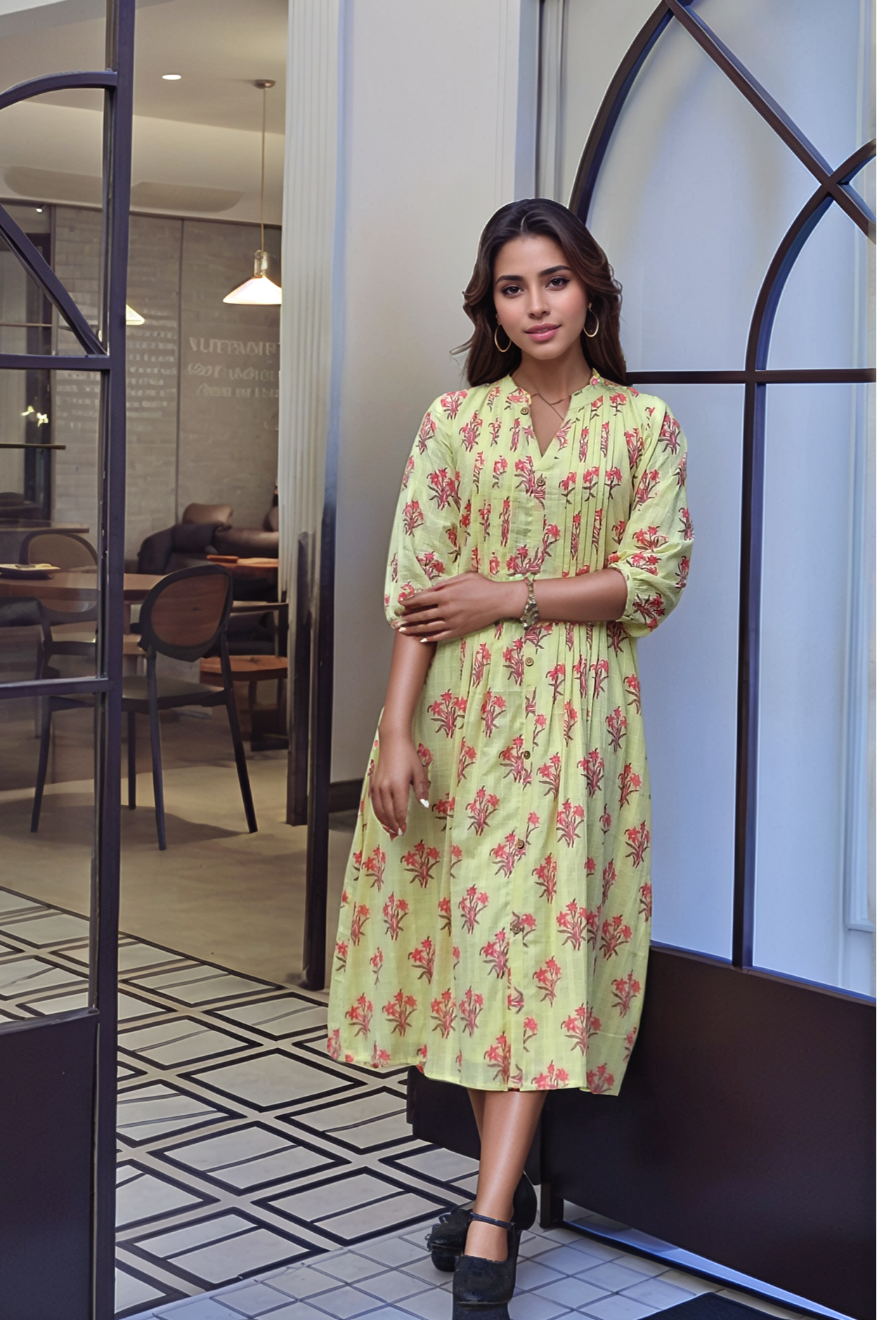 Yellow shaded floral printed cotton lining kurti with pleated yoke MBS-555 ***Ready to dispatch***