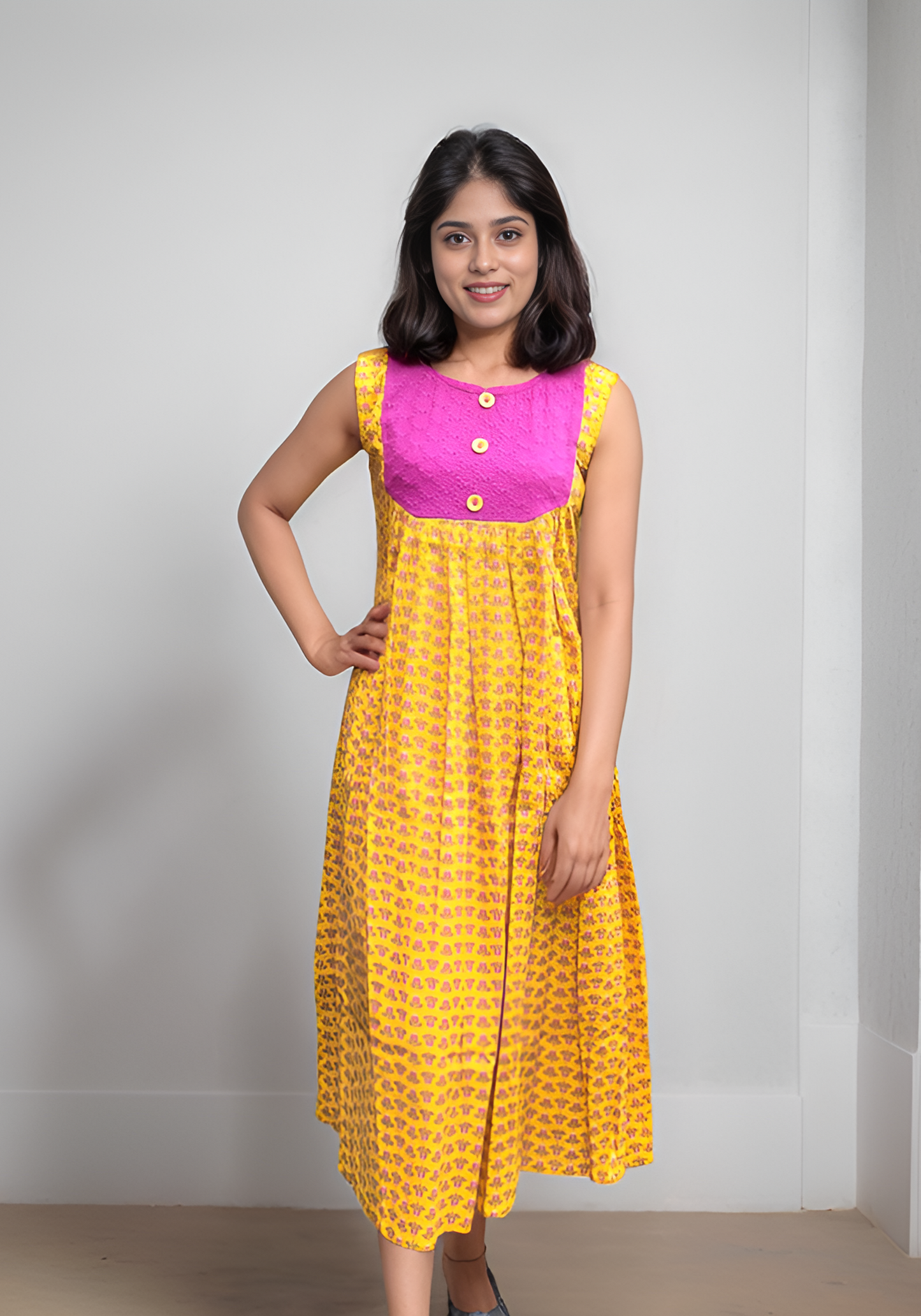 Yellow shaded floral printed cotton A-line dress/kurti with hacoba yoke MBS-600 ***Ready to dispatch***
