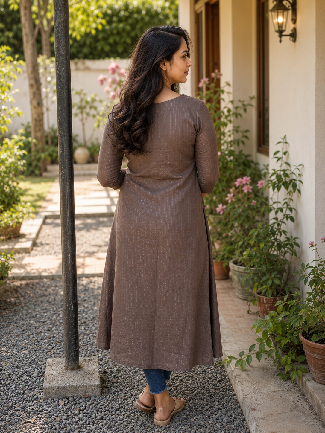 Taupe brown shaded lurex lined Aline kurti MBS-1183 **Ready to dispatch**