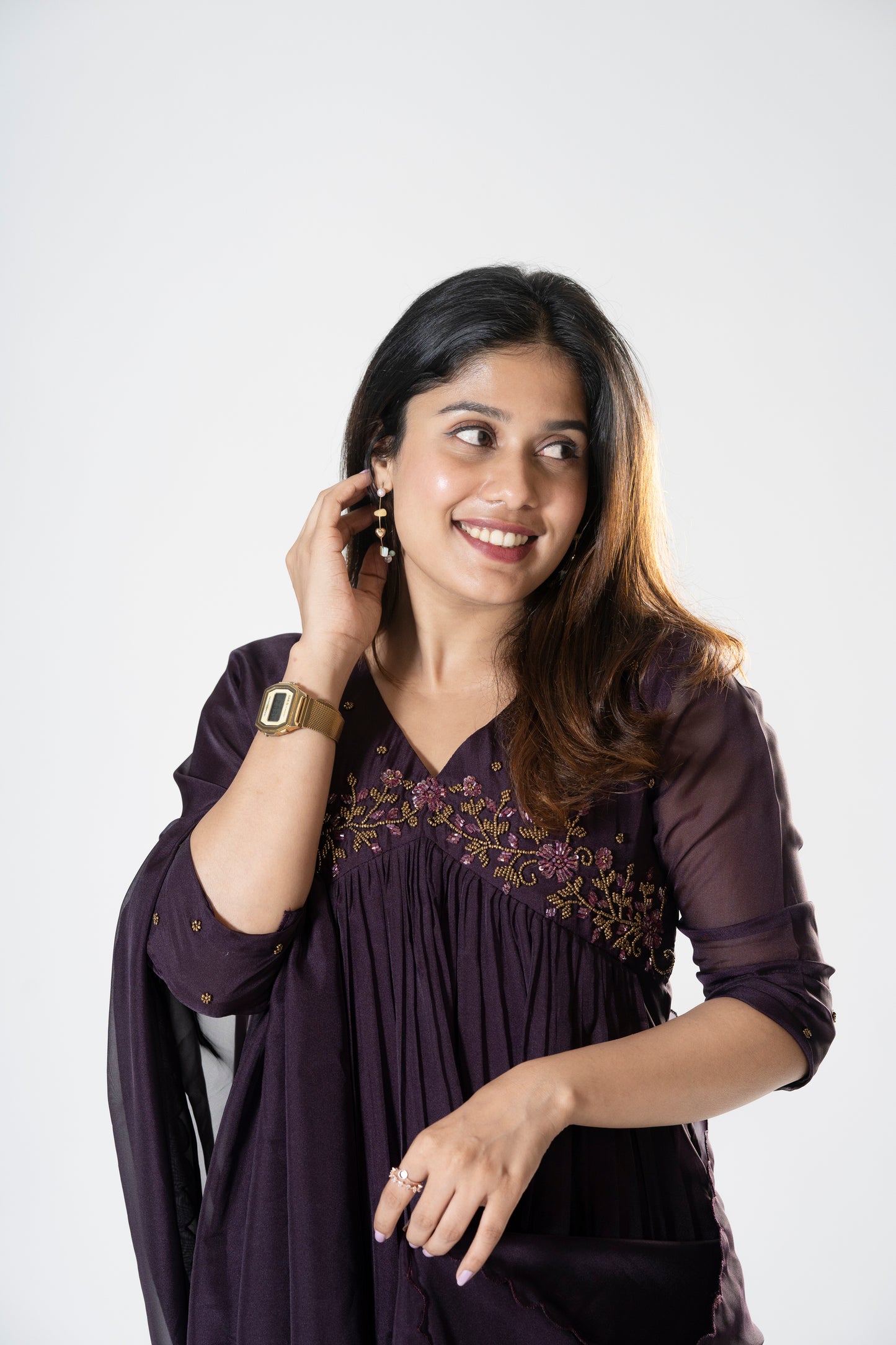 Alia cut A-line soft organza partywear kurti in jamun shade with handworked yoke,sleeves and scalloped dupatta MBS-R191