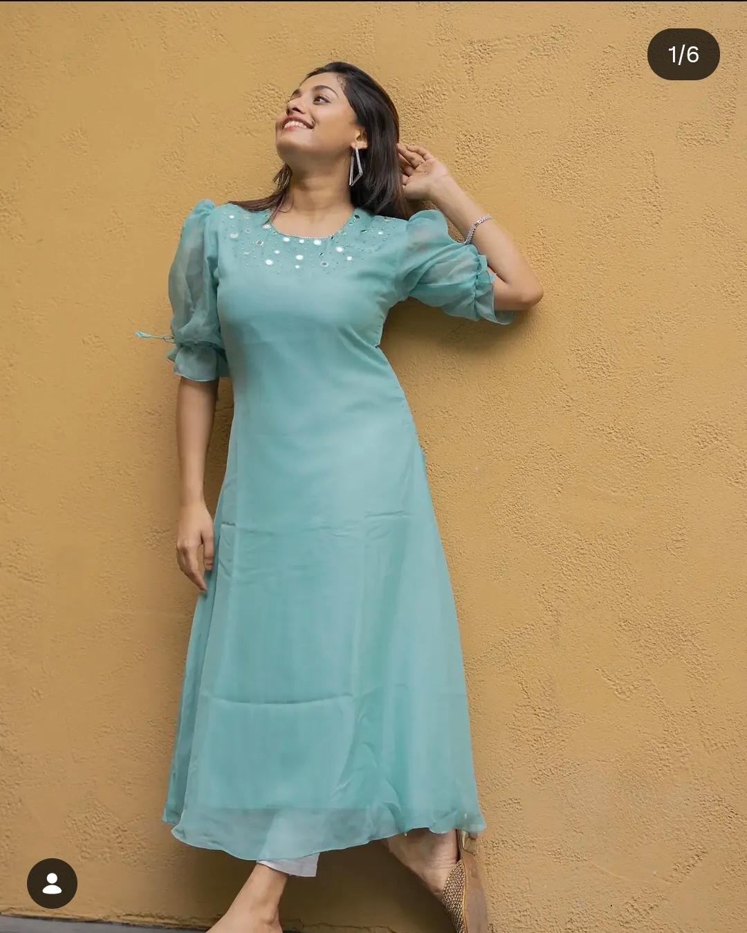 Aqua tint green organza kurti with hand worked yoke and sleeves MBS-994 **Ready to dispatch**