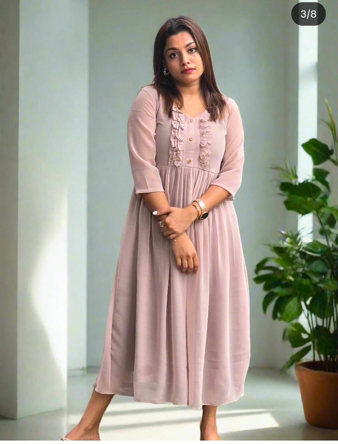 Beige georgette Aline kurti with frilled yoke MBS989 **Ready to dispatch**