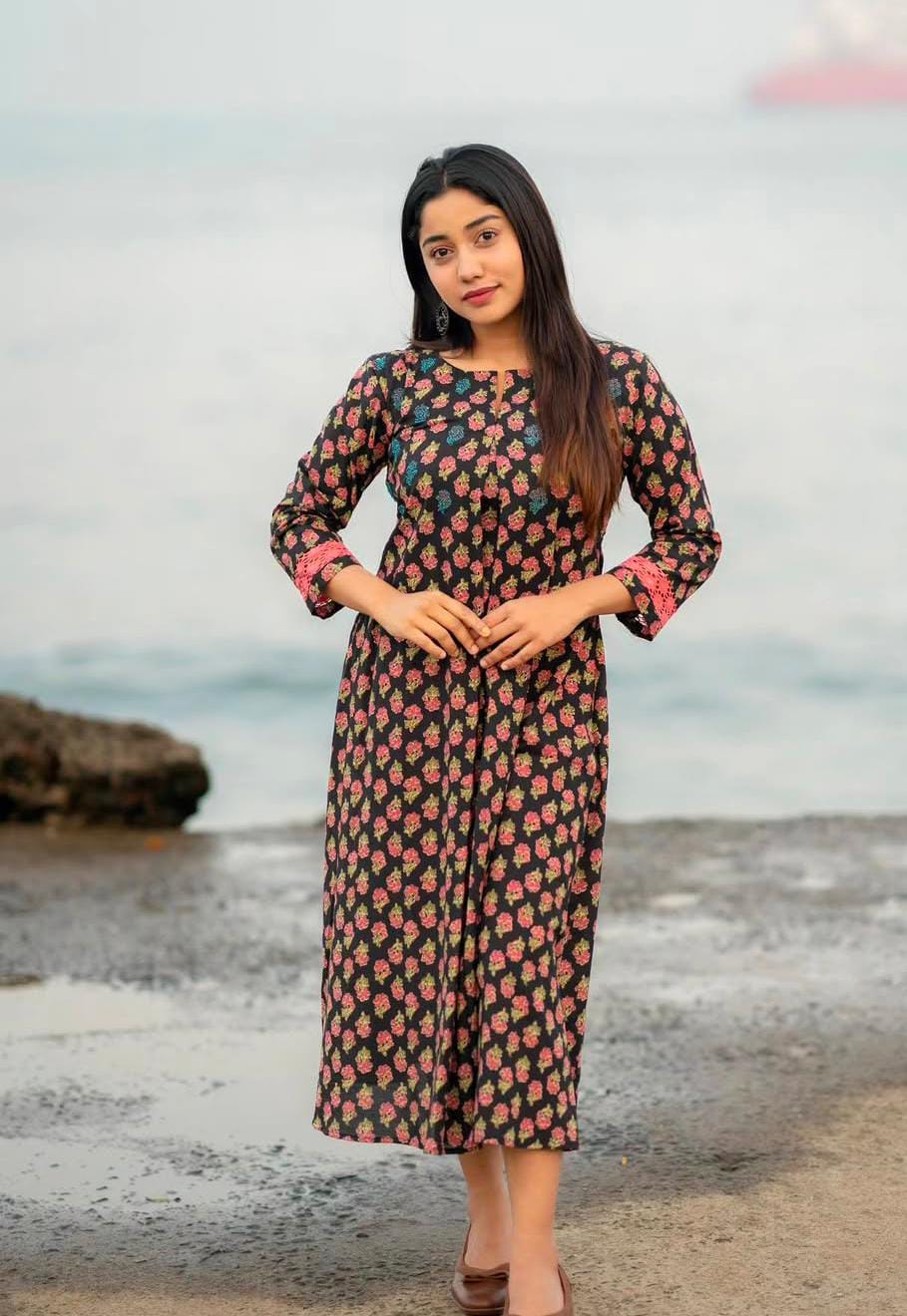 Black floral printed kurti with hand worked yoke MBS-1024 **last piece sale**