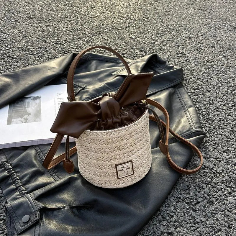 Mini Colorblock Drawstring Straw Bag Vacation