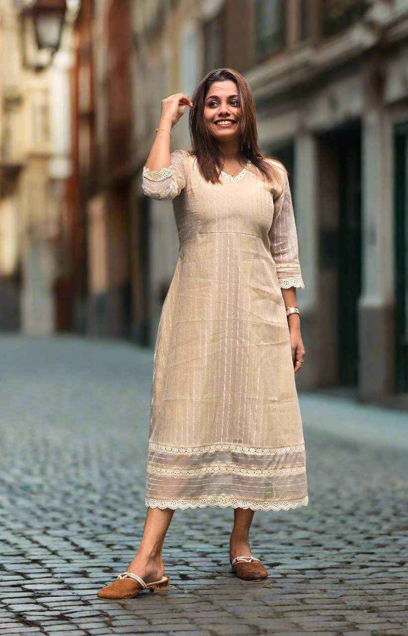 Beige shaded Schiffli organza kurti/dress with crochet lace detailings MBS-613