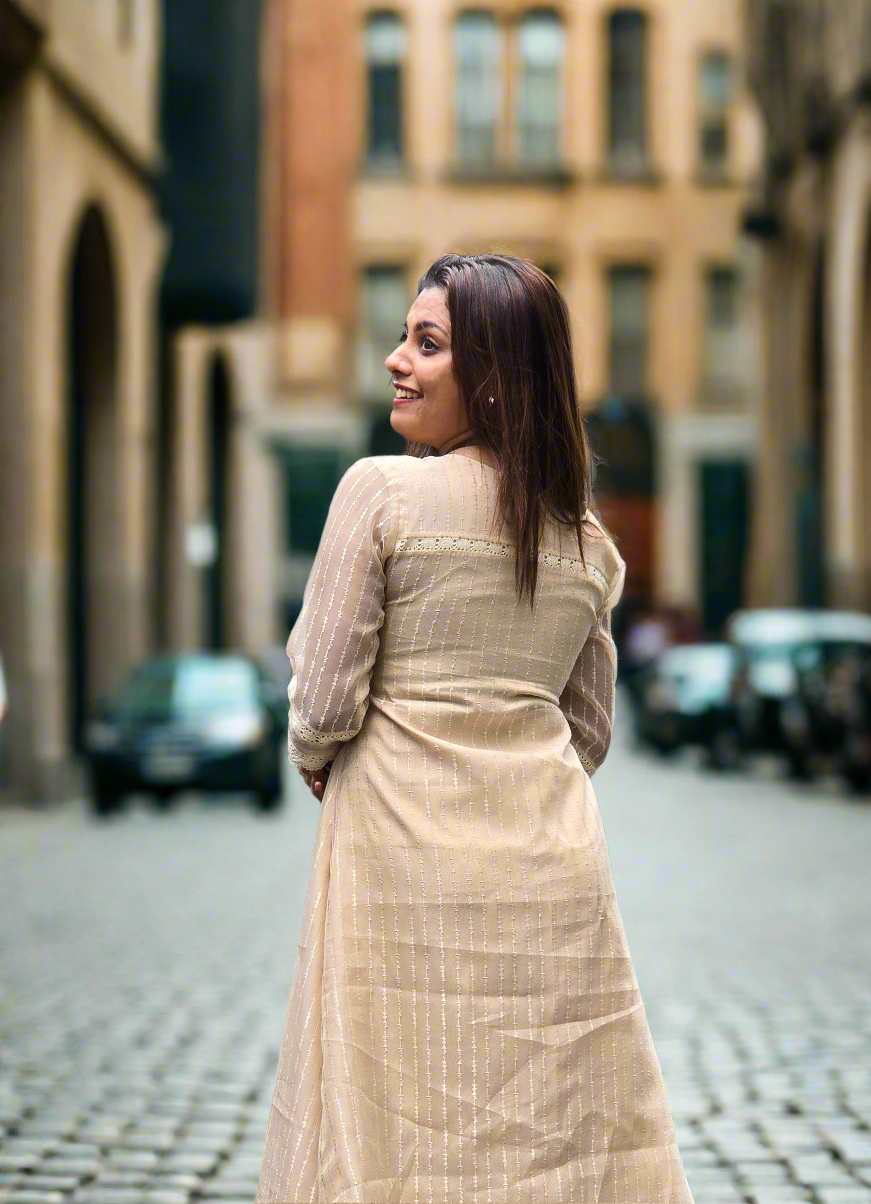 Beige shaded Schiffli organza kurti/dress with crochet lace detailings MBS-613