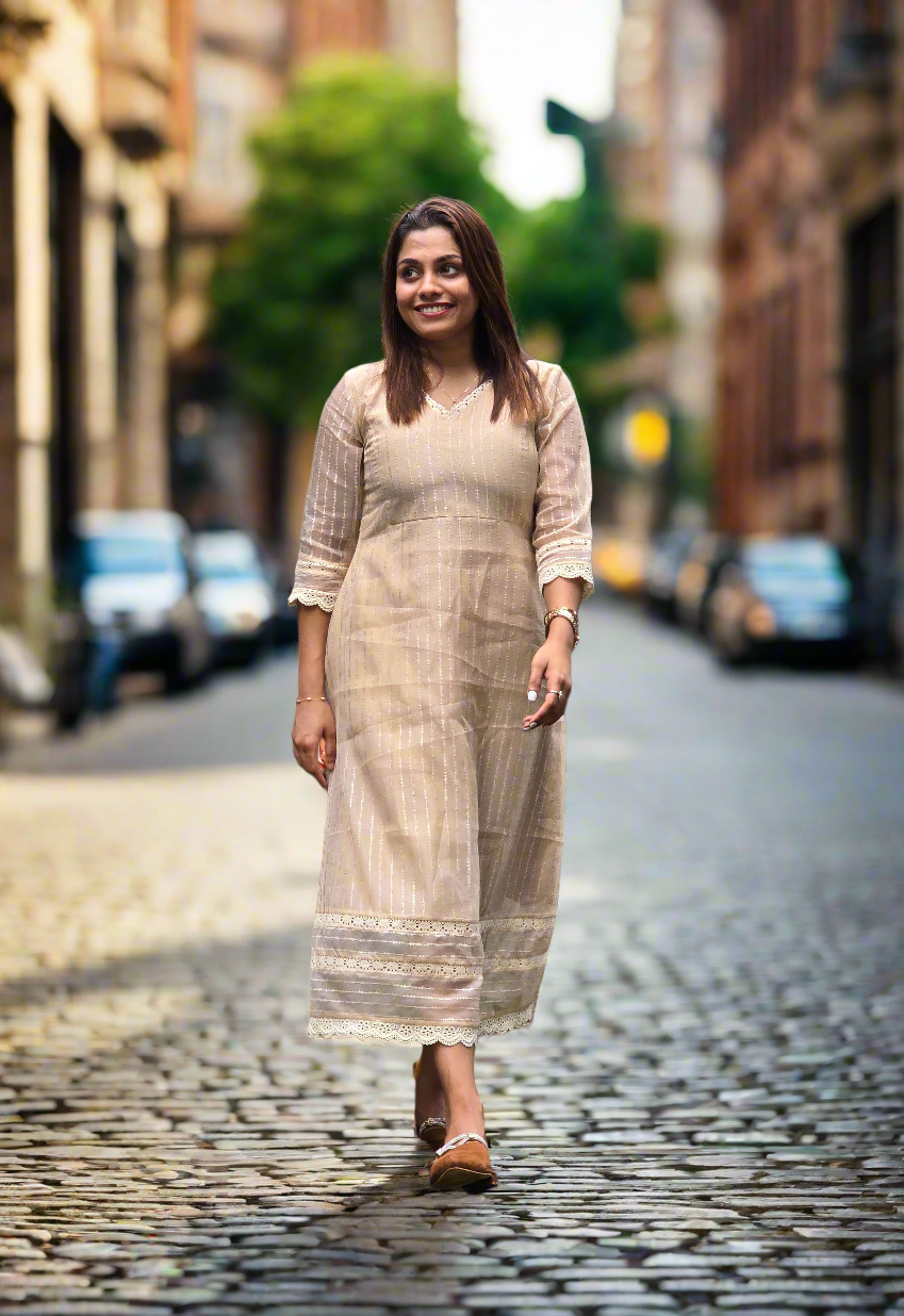 Beige shaded Schiffli organza kurti/dress with crochet lace detailings MBS-613