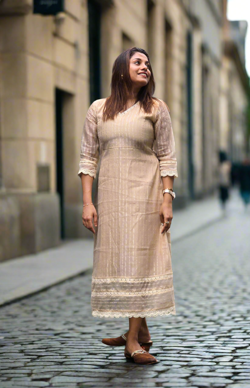 Beige shaded Schiffli organza kurti/dress with crochet lace detailings MBS-613