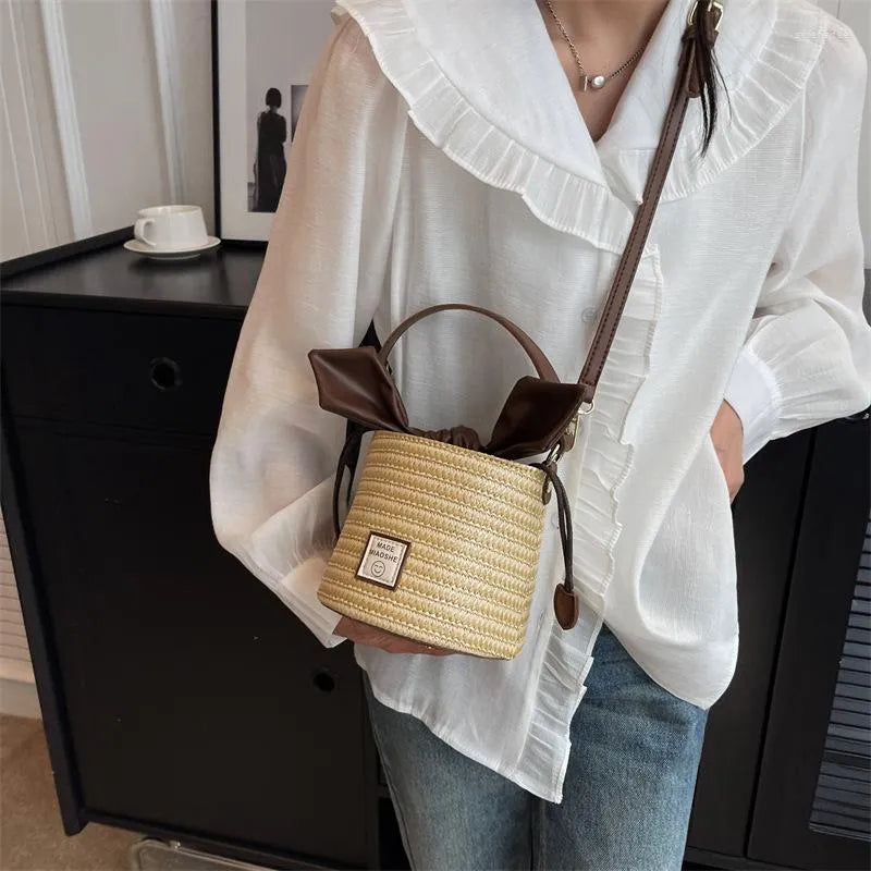 Mini Colorblock Drawstring Straw Bag Vacation