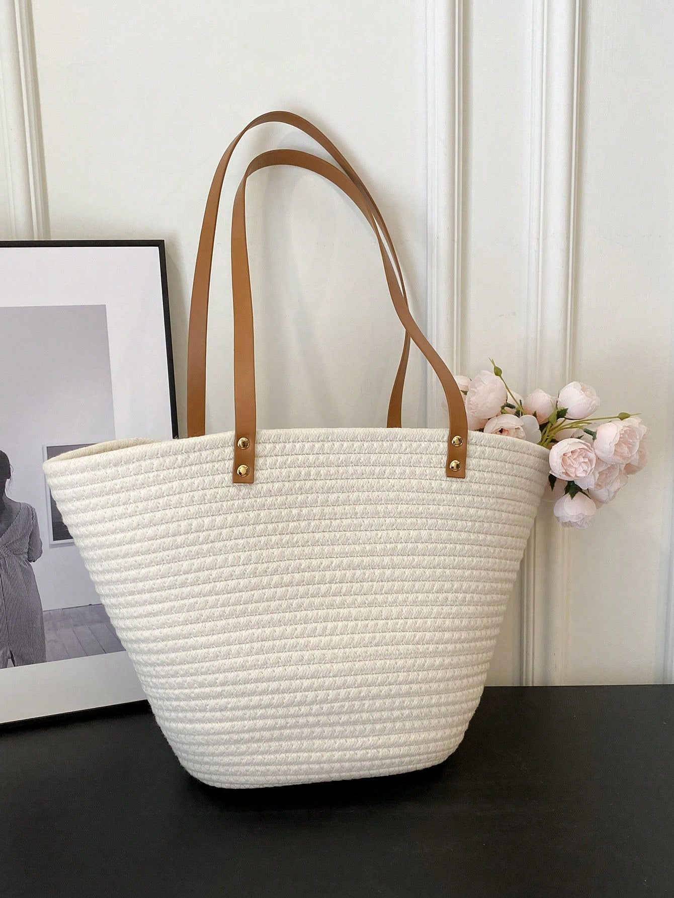 Beige Large Vacation Straw Bag with Plain Studded Detail for Style