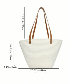 Beige Large Vacation Straw Bag with Plain Studded Detail for Style