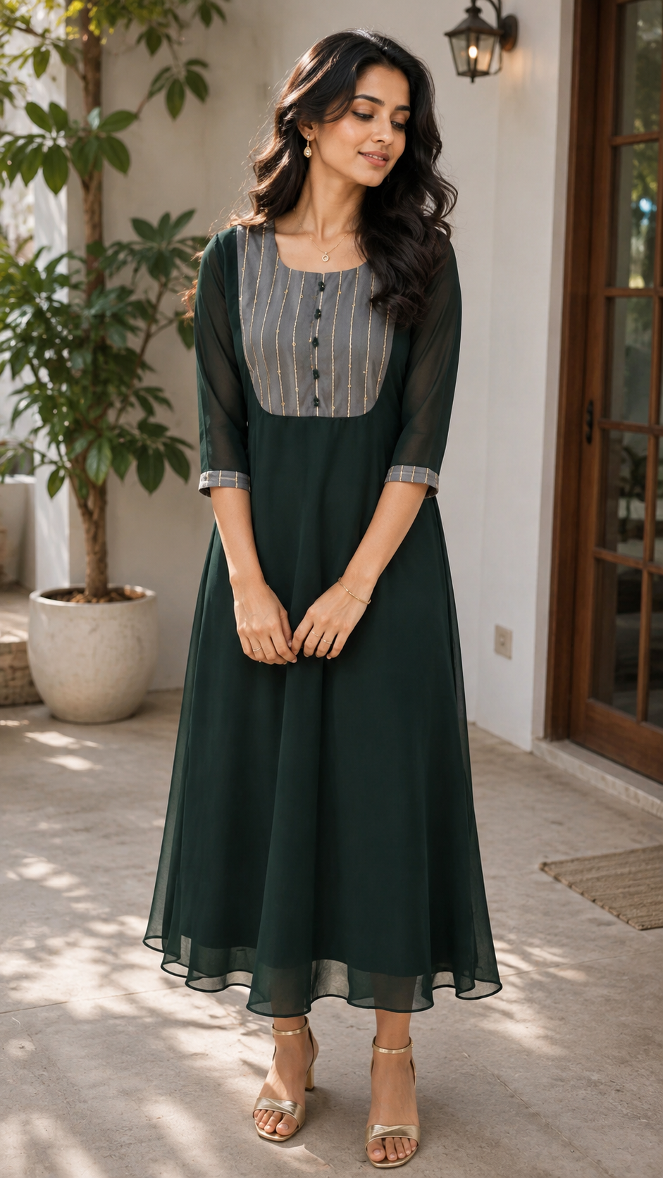 Bottle green georgette kurti detailed with sequenced net fabric MBS980 **Ready to dispatch** **last piece clearance sale**