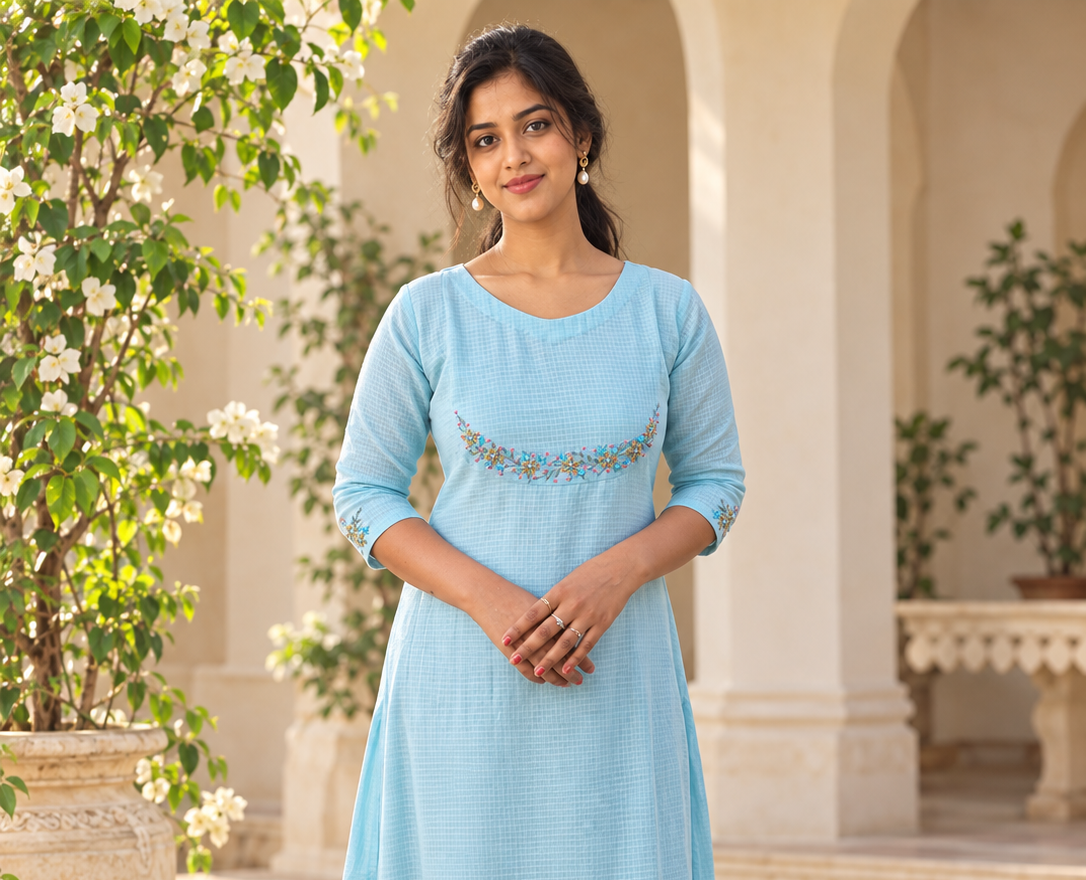 Blue soft kota checks Aline kurti with handworked yoke and sleeves MBS-1477
