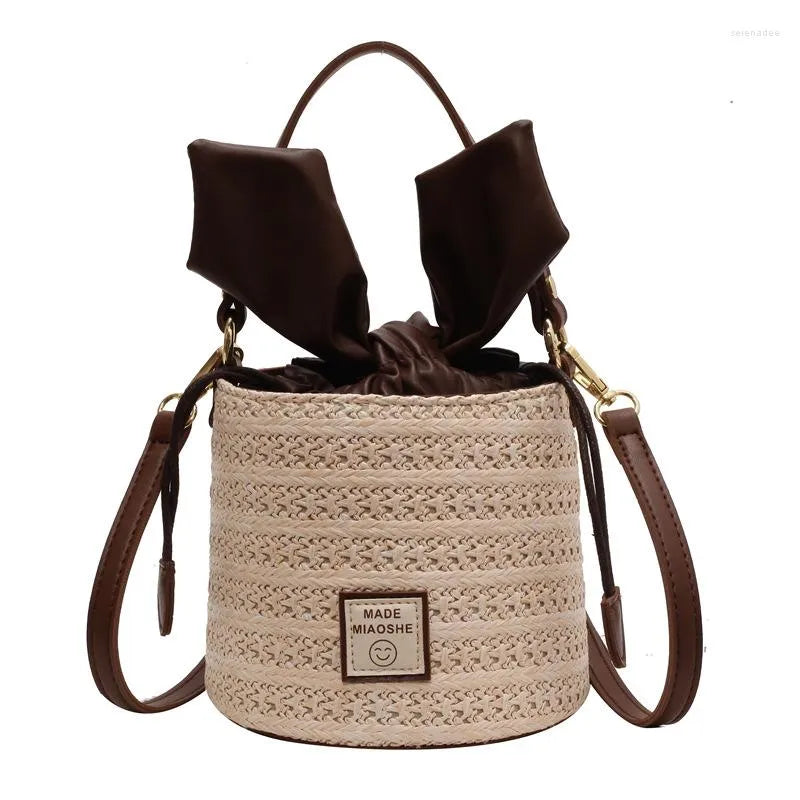 Mini Colorblock Drawstring Straw Bag Vacation