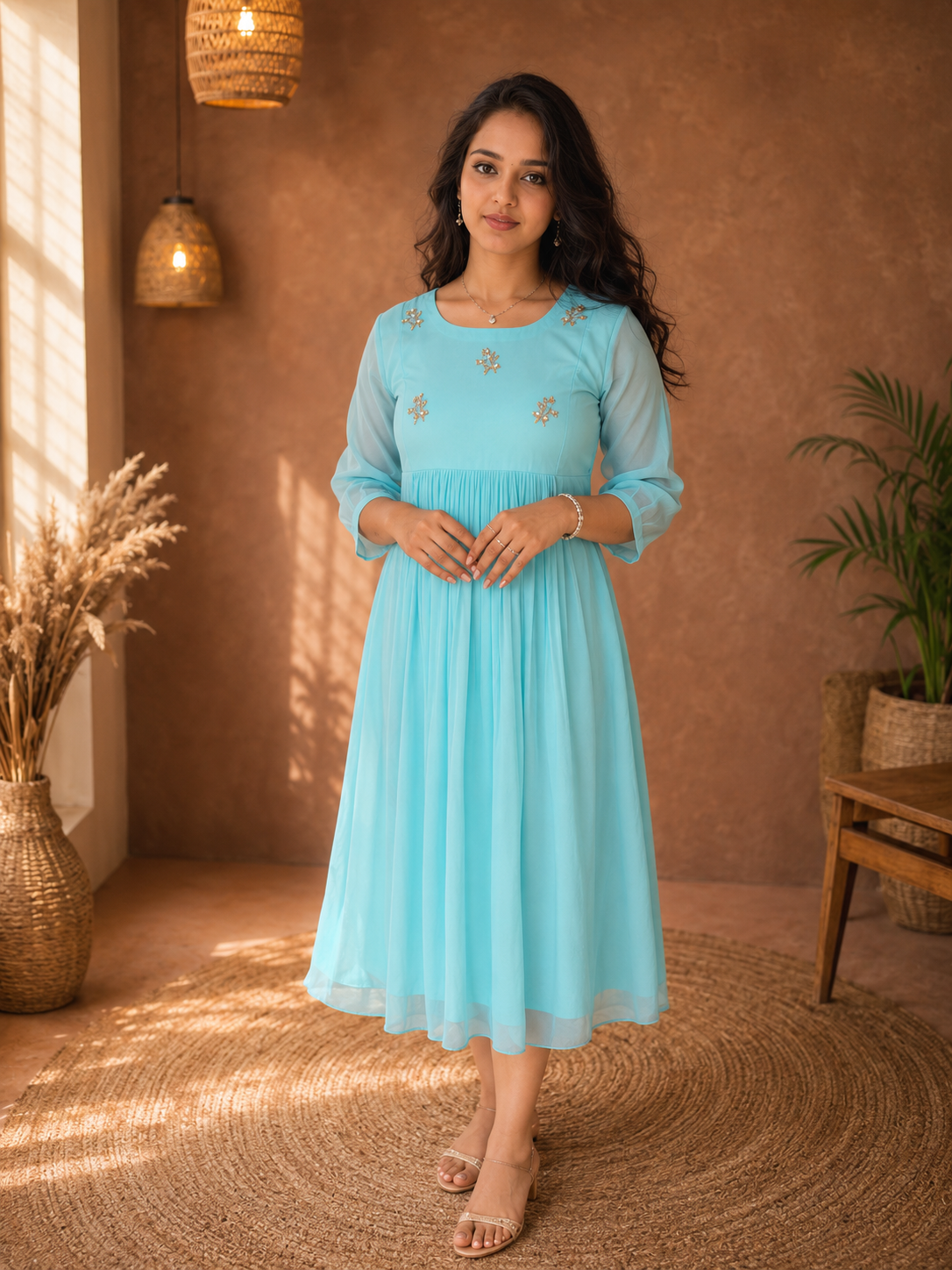 Cyan blue shaded georgette Aline kurti with handworked yoke MBS-1351 **Ready to dispatch**