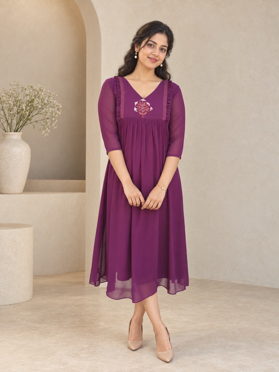 Burgundy shaded georgette Aline kurti with handworked motif and frills MBS-1403
