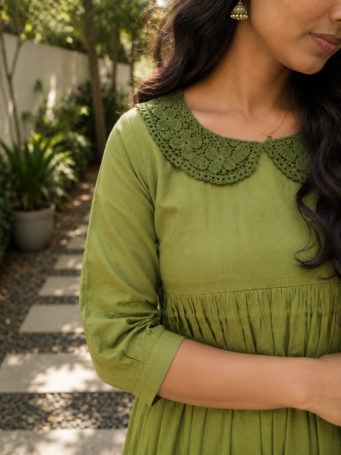 Green flex cotton kurti/dress with peter pan crochet collar MBS-1294 ***Ready to dispatch***