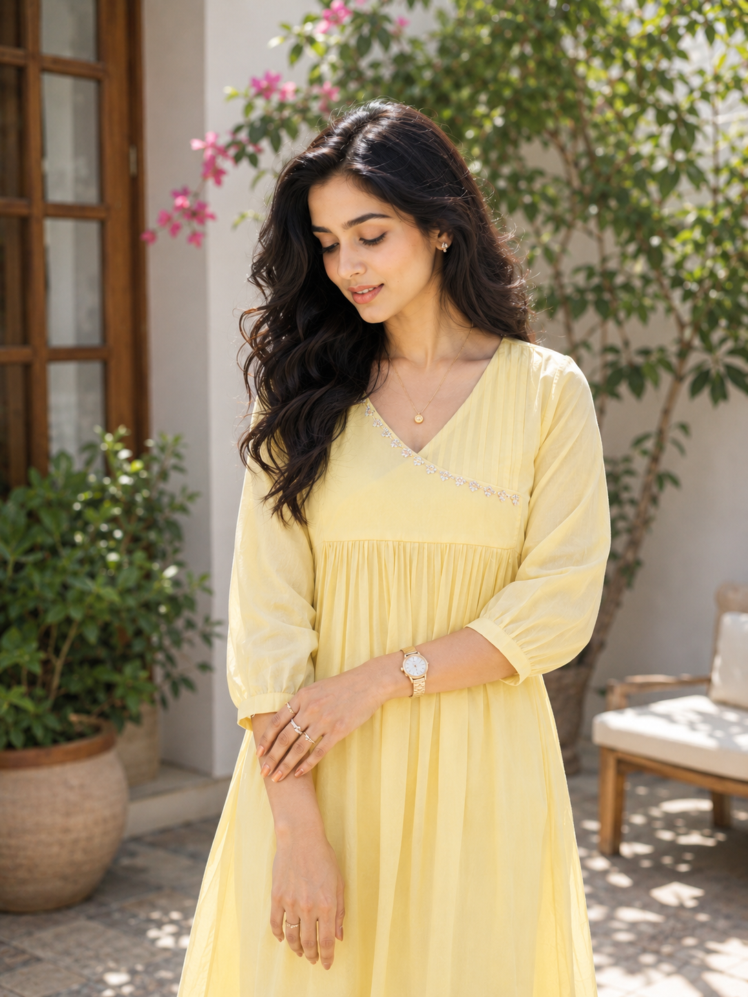 Yellow shaded reyon cotton Aline kurti with handworked yoke MBS-1344 **Ready to dispatch**