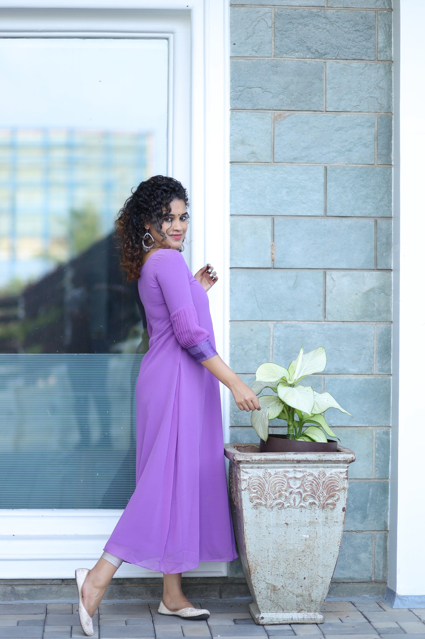 Lavender Aline georgette kurti with designer sleeves