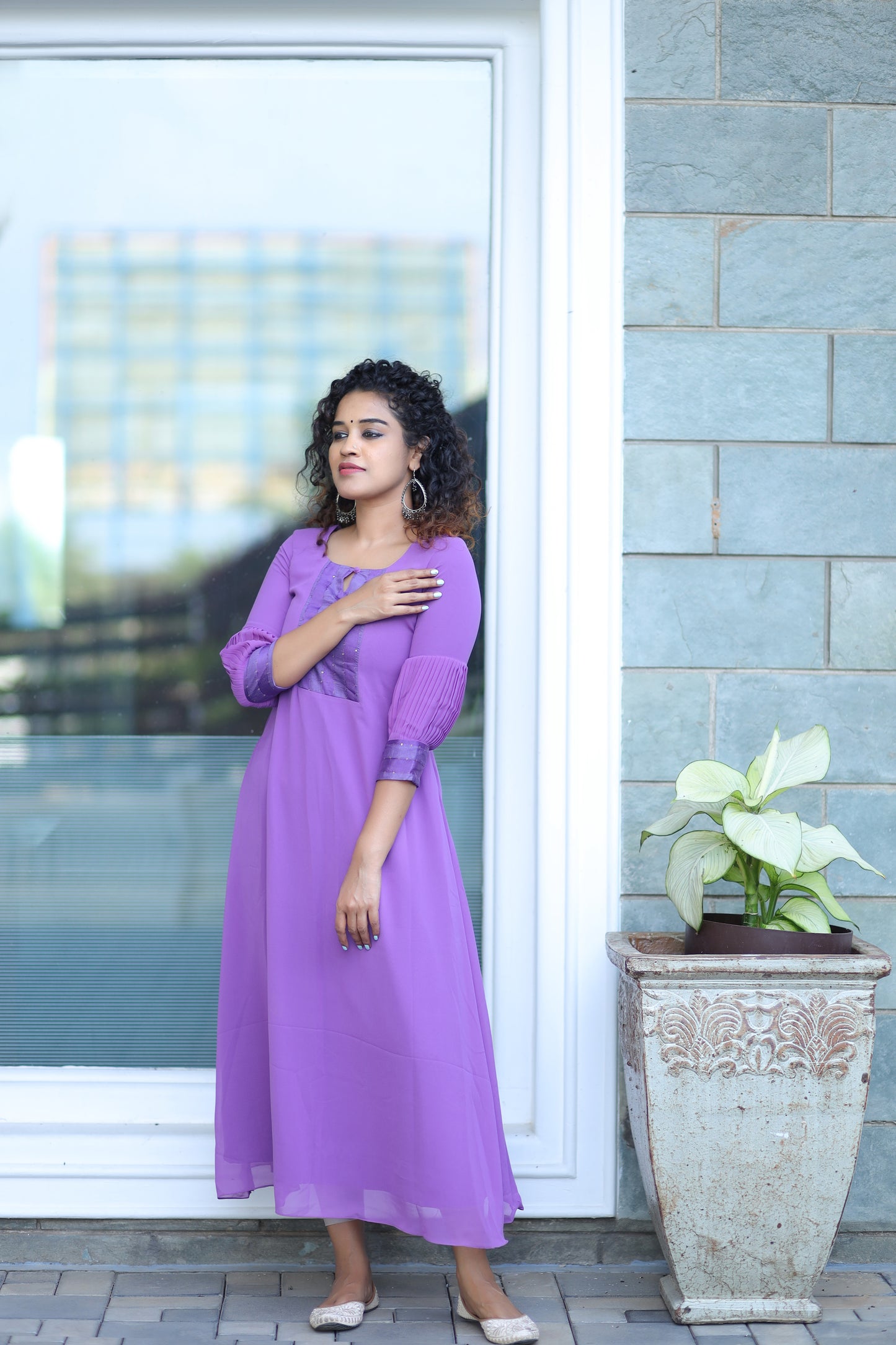 Lavender Aline georgette kurti with designer sleeves