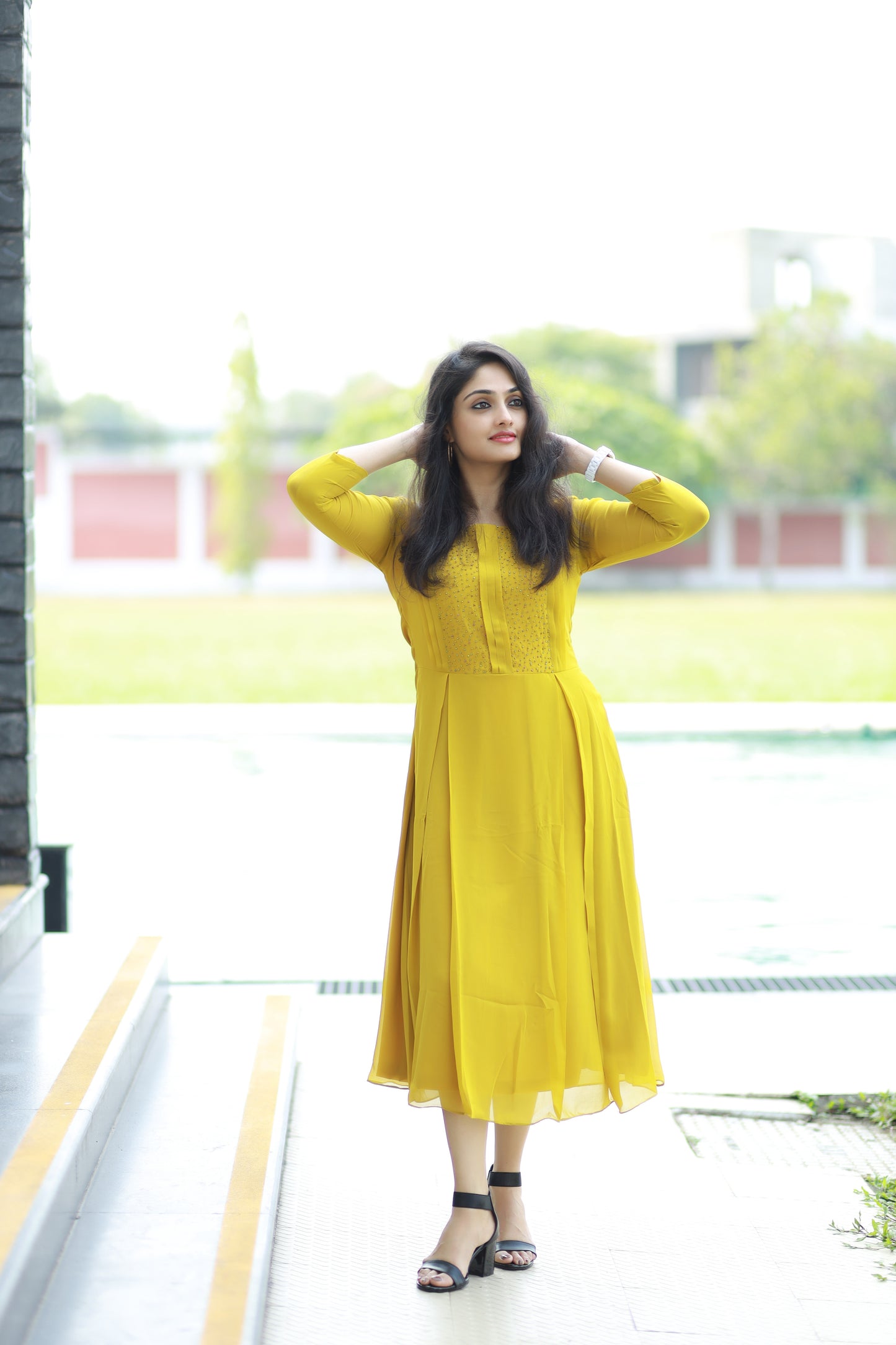 Lemon yellow shaded Georgette Aline Kurti with handwork