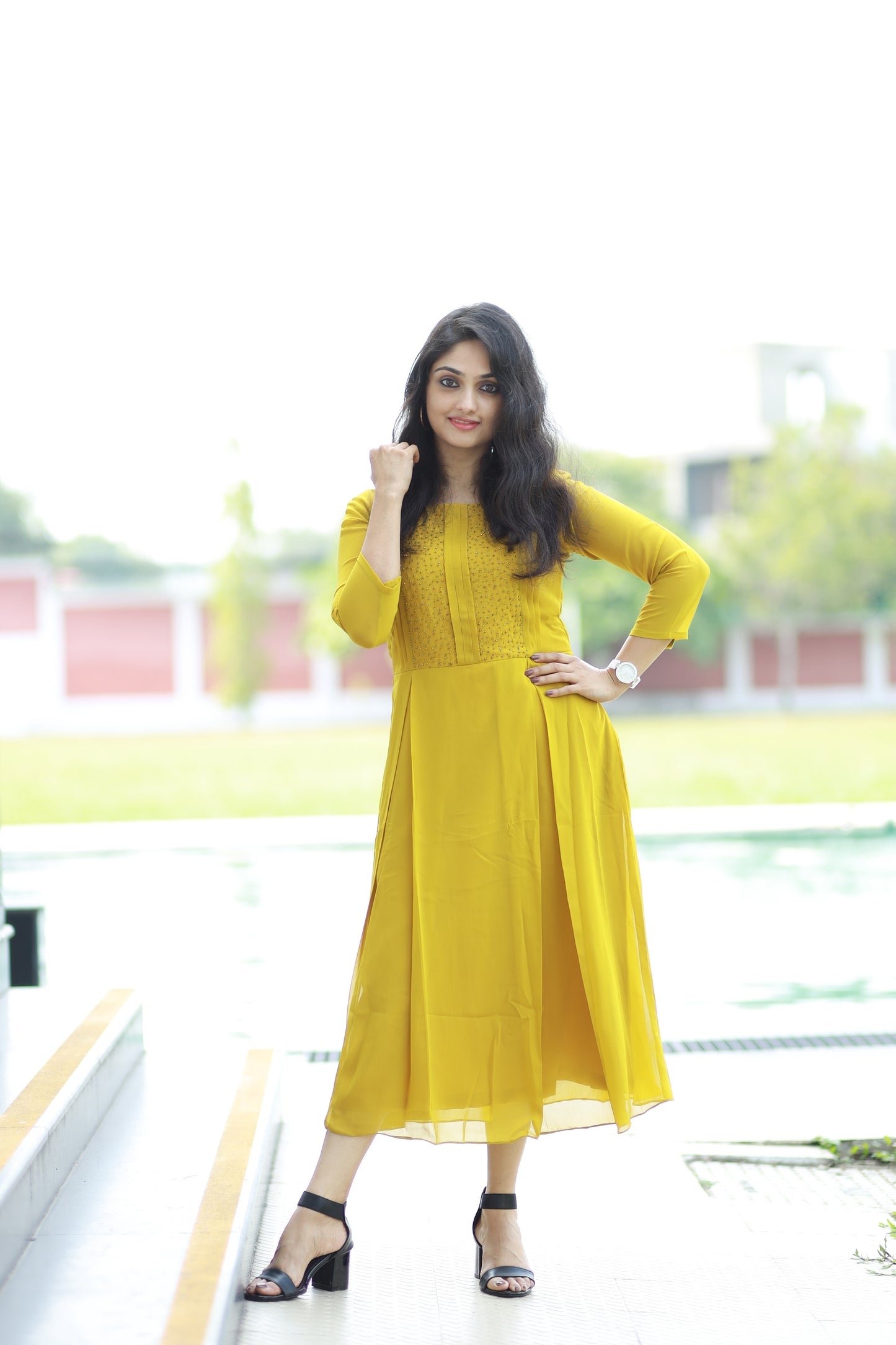 Lemon yellow shaded Georgette Aline Kurti with handwork