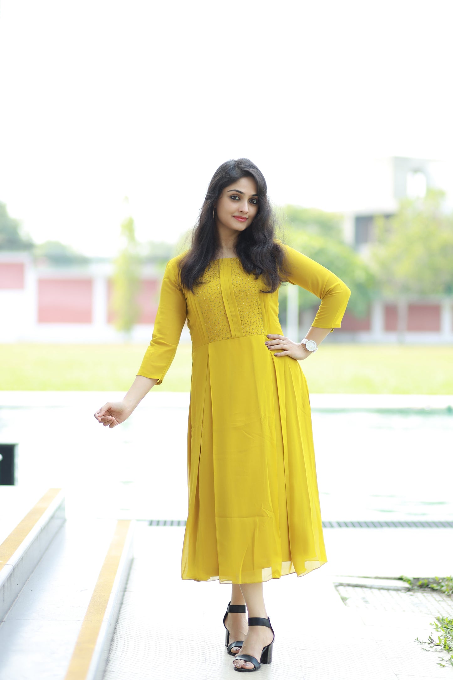 Lemon yellow shaded Georgette Aline Kurti with handwork