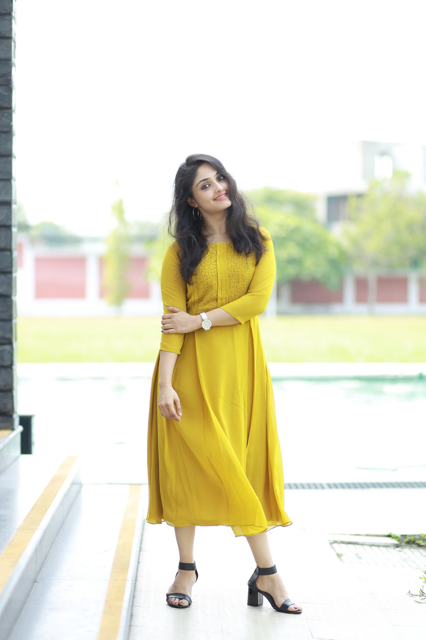 Lemon yellow shaded Georgette Aline Kurti with handwork
