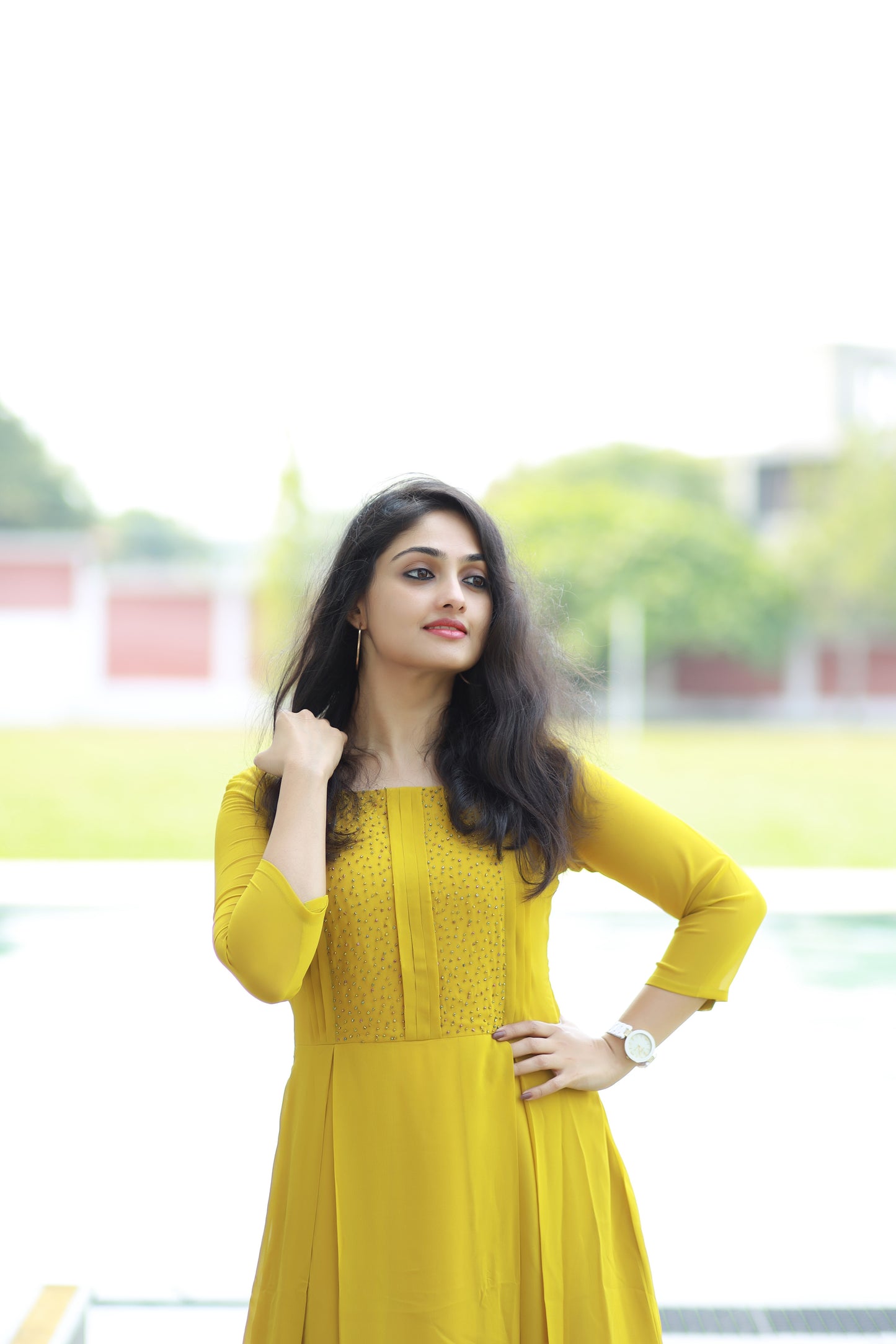Lemon yellow shaded Georgette Aline Kurti with handwork