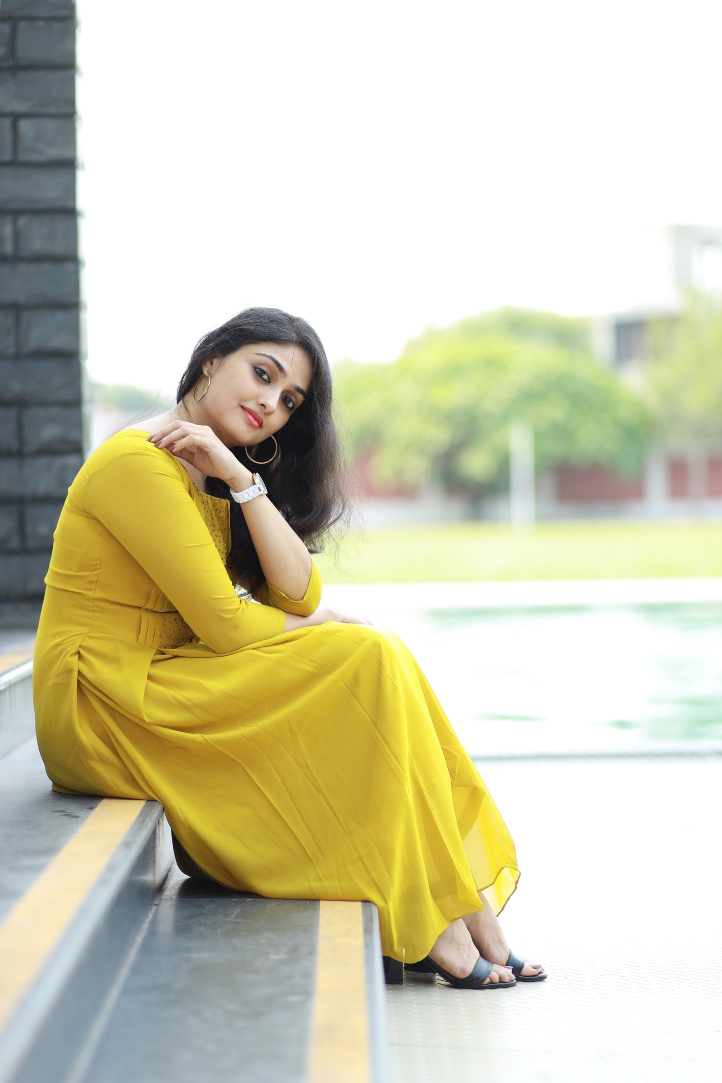 Lemon yellow shaded Georgette Aline Kurti with handwork