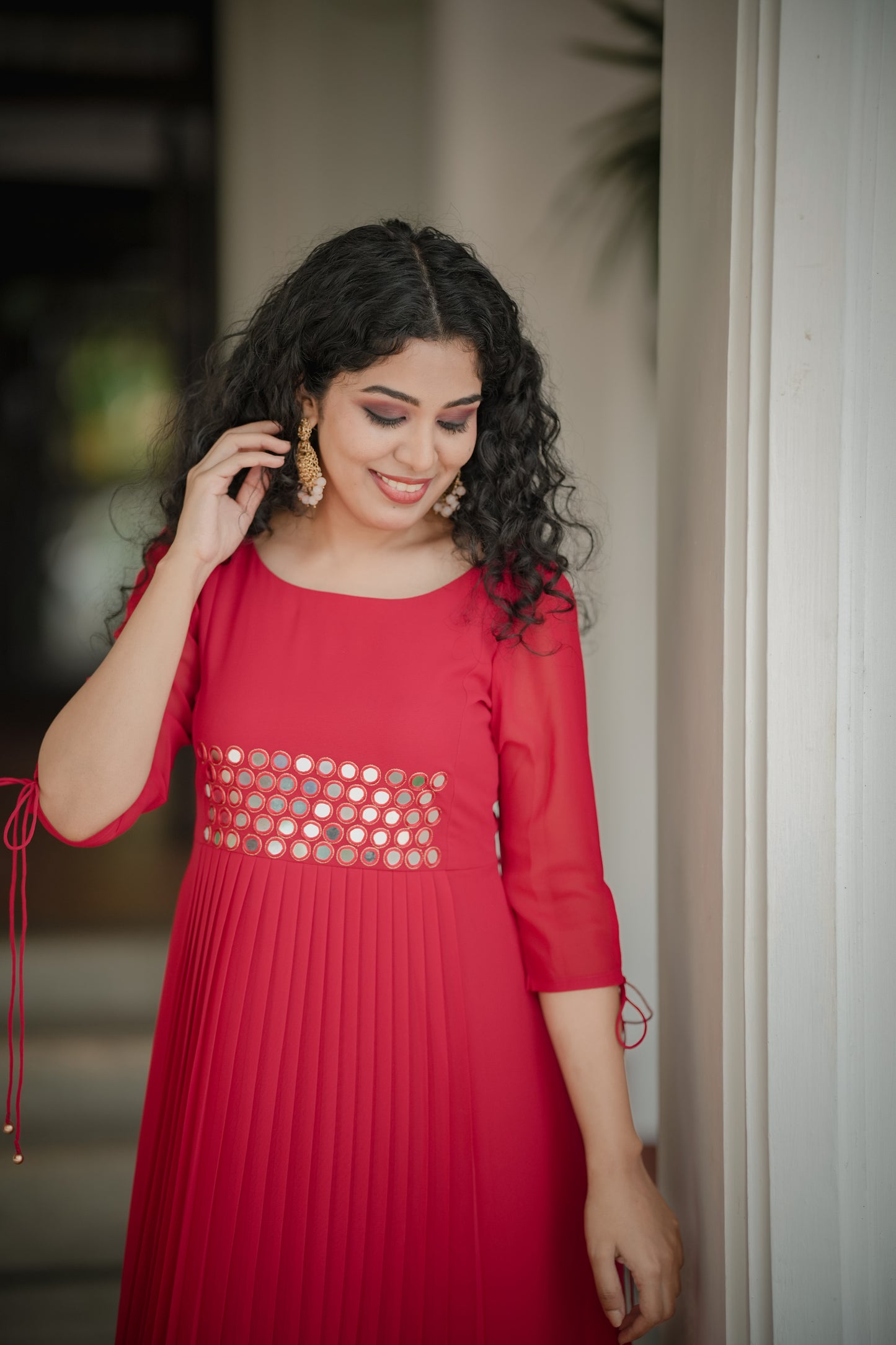 Red blooming georgette Aline kurti with mirror embroidery