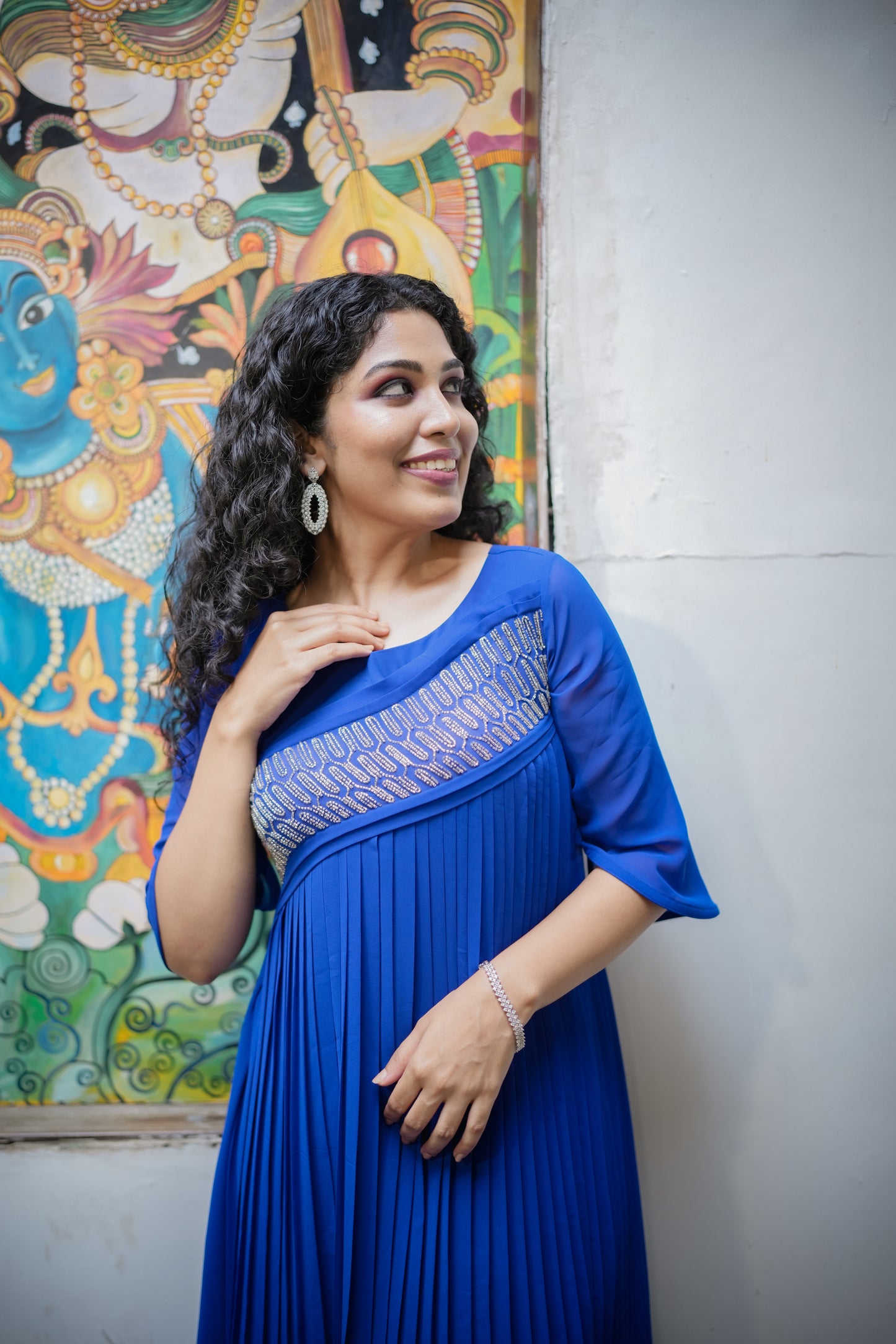 Royal blue georgette Aline kurti with hand embroidery